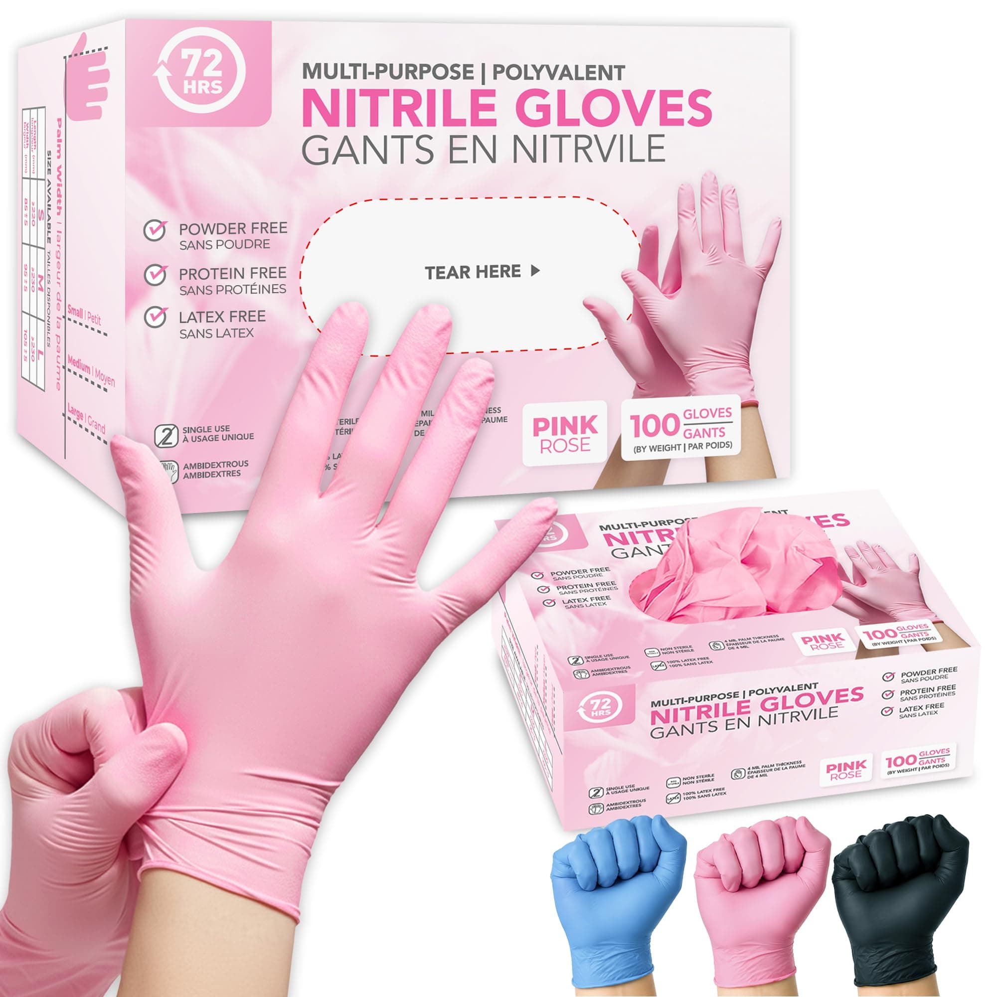 72HRS Pink Nitrile Gloves - 4 Mil Disposable Gloves (100 Pieces, Large)