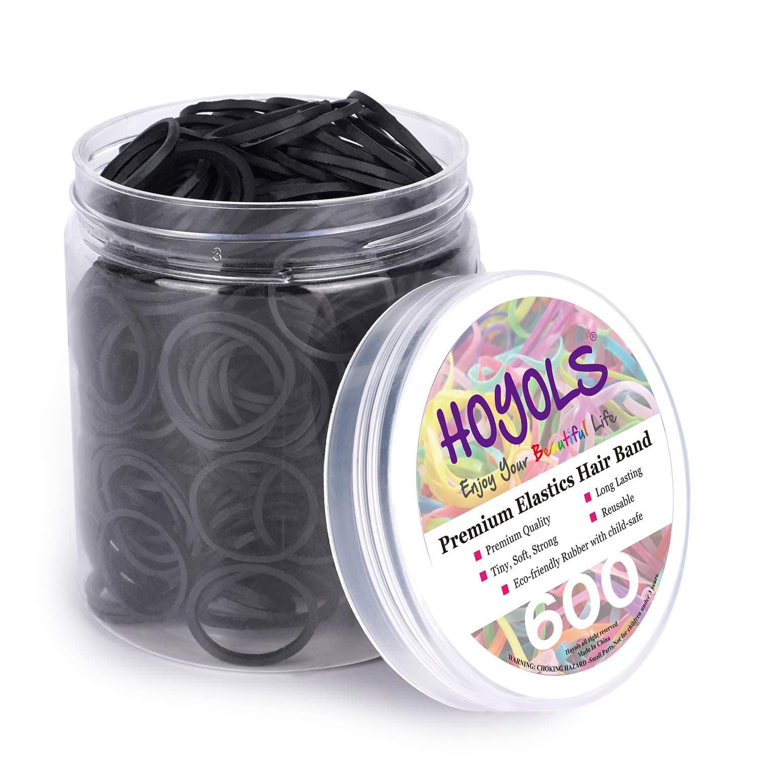 HOYOLS Black Rubber Bands for Hair, 600 Pcs, 3/4 Inch Hair Ties
