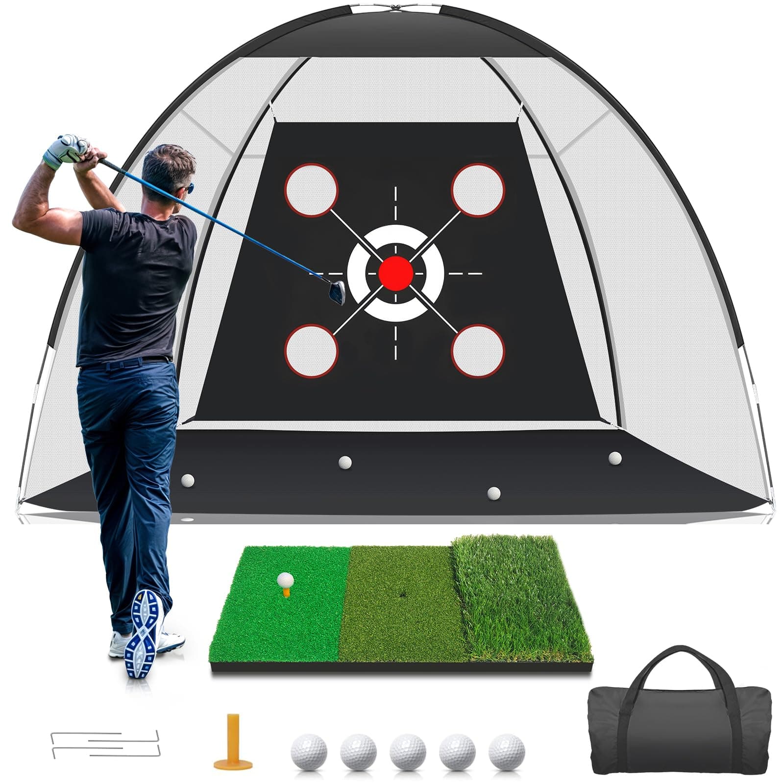 KLAODOT Golf Net with Practice Mat,Golf Hitting Aid Nets 10x7FT for Backyard Driving Chipping Training Swing with Target Mat Balls for Outdoor Indoor,Gifts for Men Dad Him and Golfer