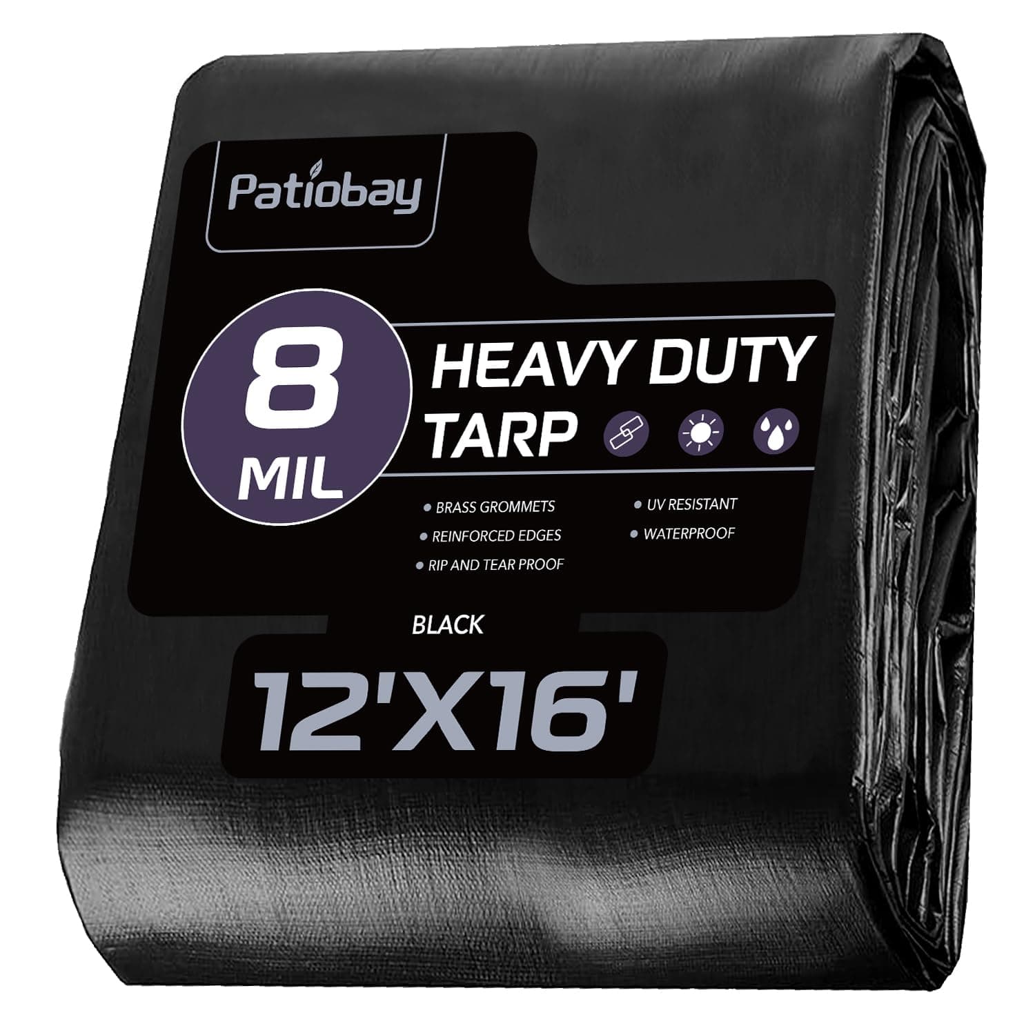 Patiobay Tarp 12x16 Feet, 8 Mil Large Waterproof Tarps Heavy Duty with Grommets Every 23.6", Thick Plastic Tarp, UV Resistant Tear&Fade Resistant, Reinforced Edges for Outdoor Pool Camp Tent