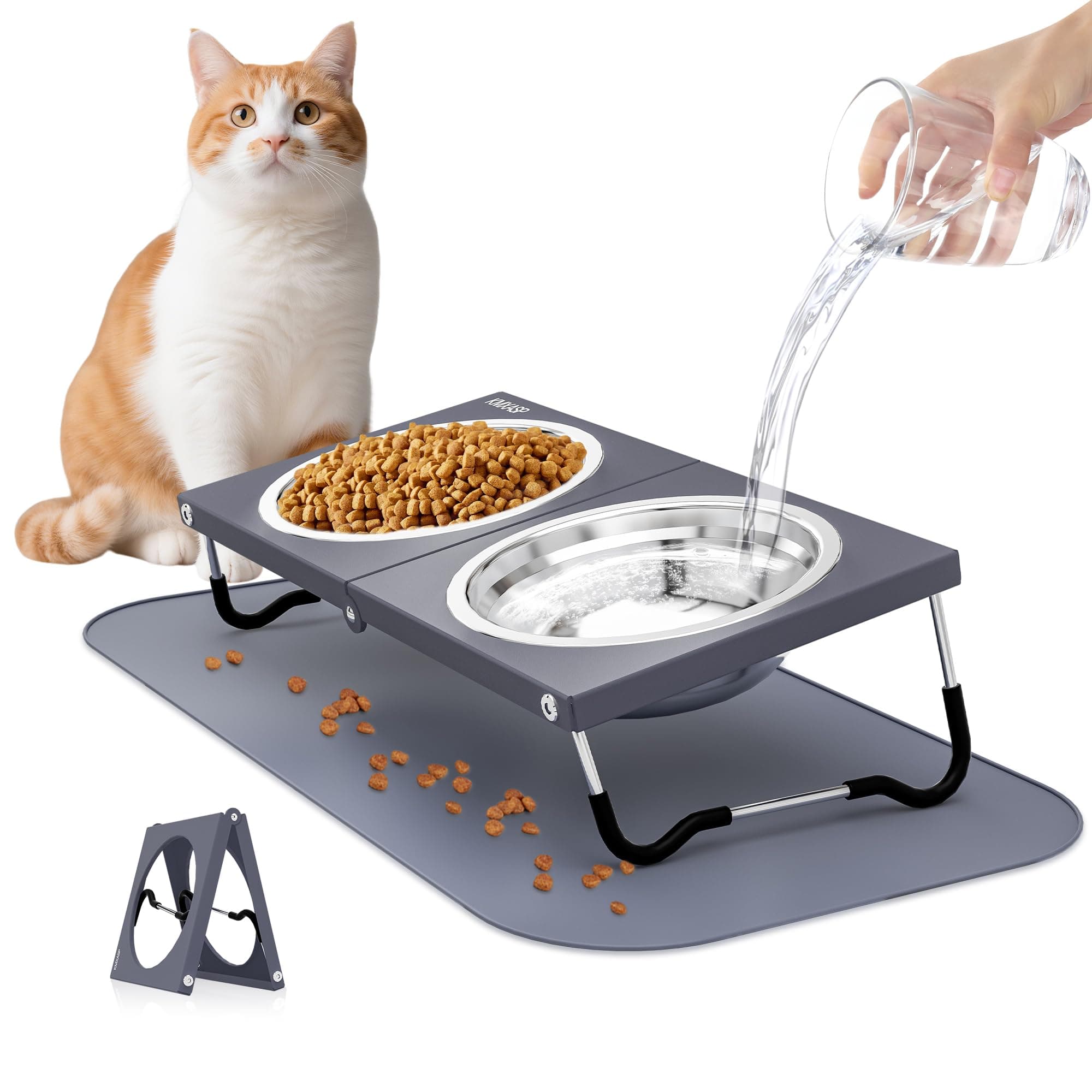Elevated Cat Bowls,Foldable Raised Bowls Stand with Non-Slip Feet,2 Stainless Steel Bowl for Food and Water,10°Tilted Stand Anti Vomiting,Portable Raised Cat Dishes for Indoor or Outdoor (with Mat)