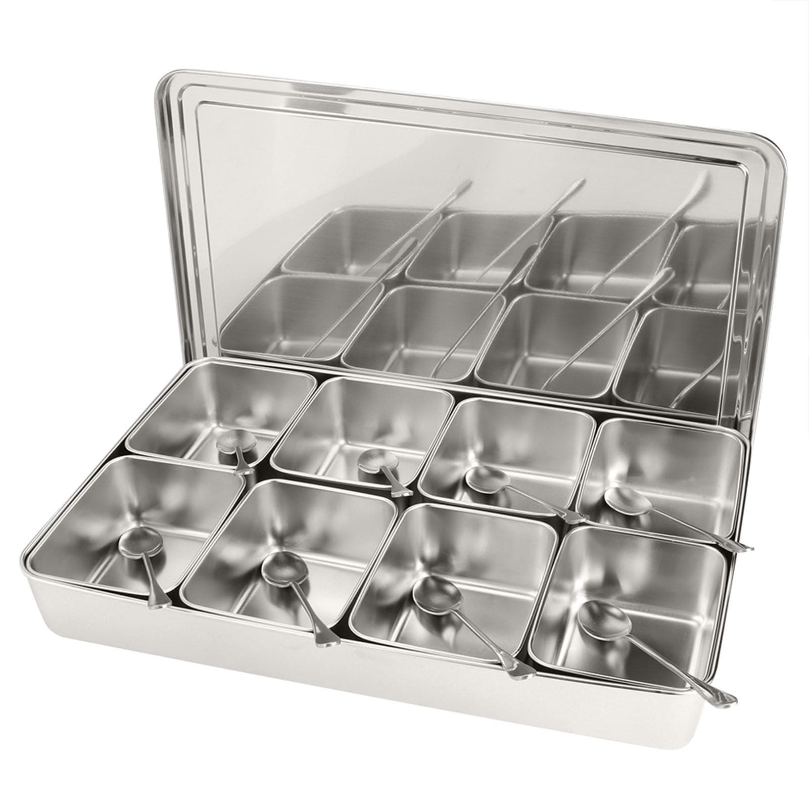 Premium Aluminium Alloy Condiment Container with 8 Grids, Multipurpose Jar & Seasoning Box with Spoon and Lid for Efficient Kitchen Storage