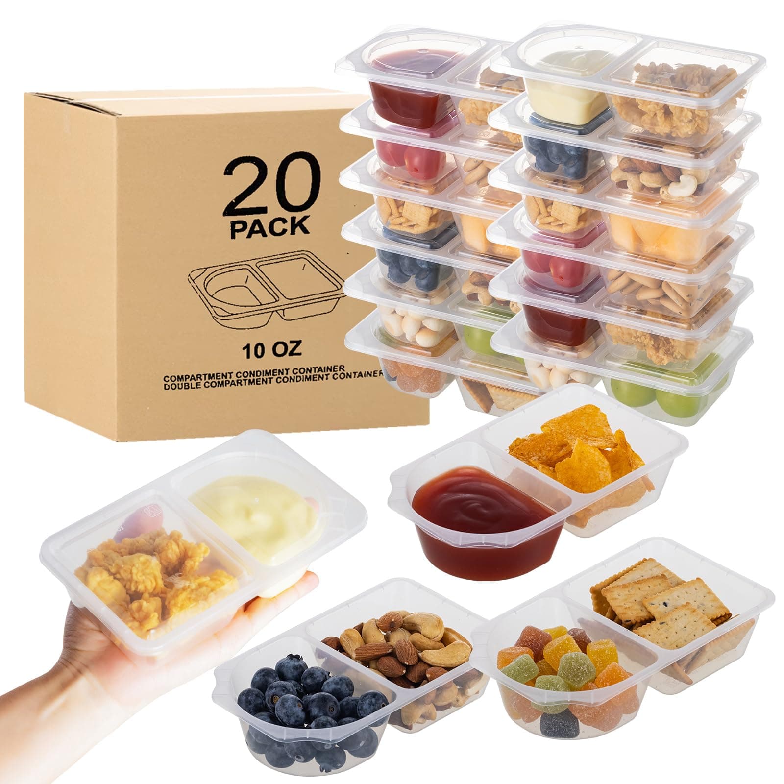 Reusable Snack Containers with Lids for Kid, New 3 Compartment Large Capacity Condiment Portion Control Meal Prep Containers for School lunch, Go out Travel, Party (10 oz(20Pcs))