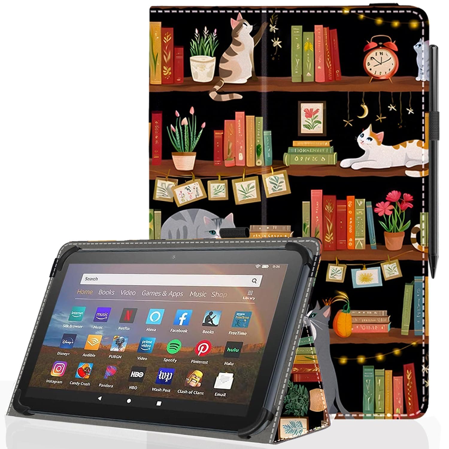 Pudiceva Universal 11 11.5 Inch Android Tablet Case,Slim Folding Stand Cover for 10.5 "10.9" 11" 11.5" and All 10.5"- 11.5" Touchscreen Tablet Case with Stylus Pen Holder,Bookshelf Cat