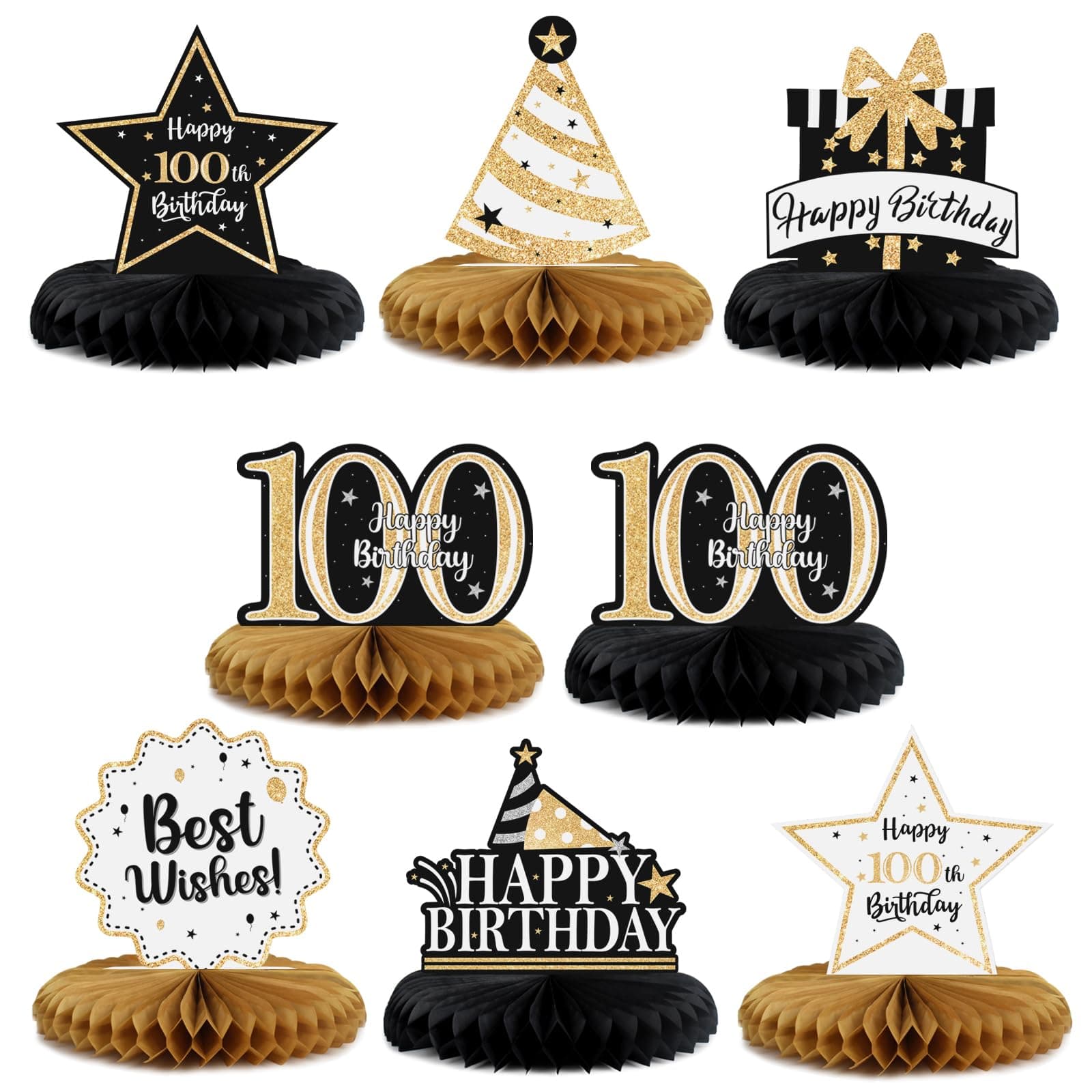LASKYER Happy 100th Birthday Party Decorations, Glitter Shiny Honeycomb Table Centerpieces 100 Years Old Birthday Party Photoprop Sign. - Gold Glitter