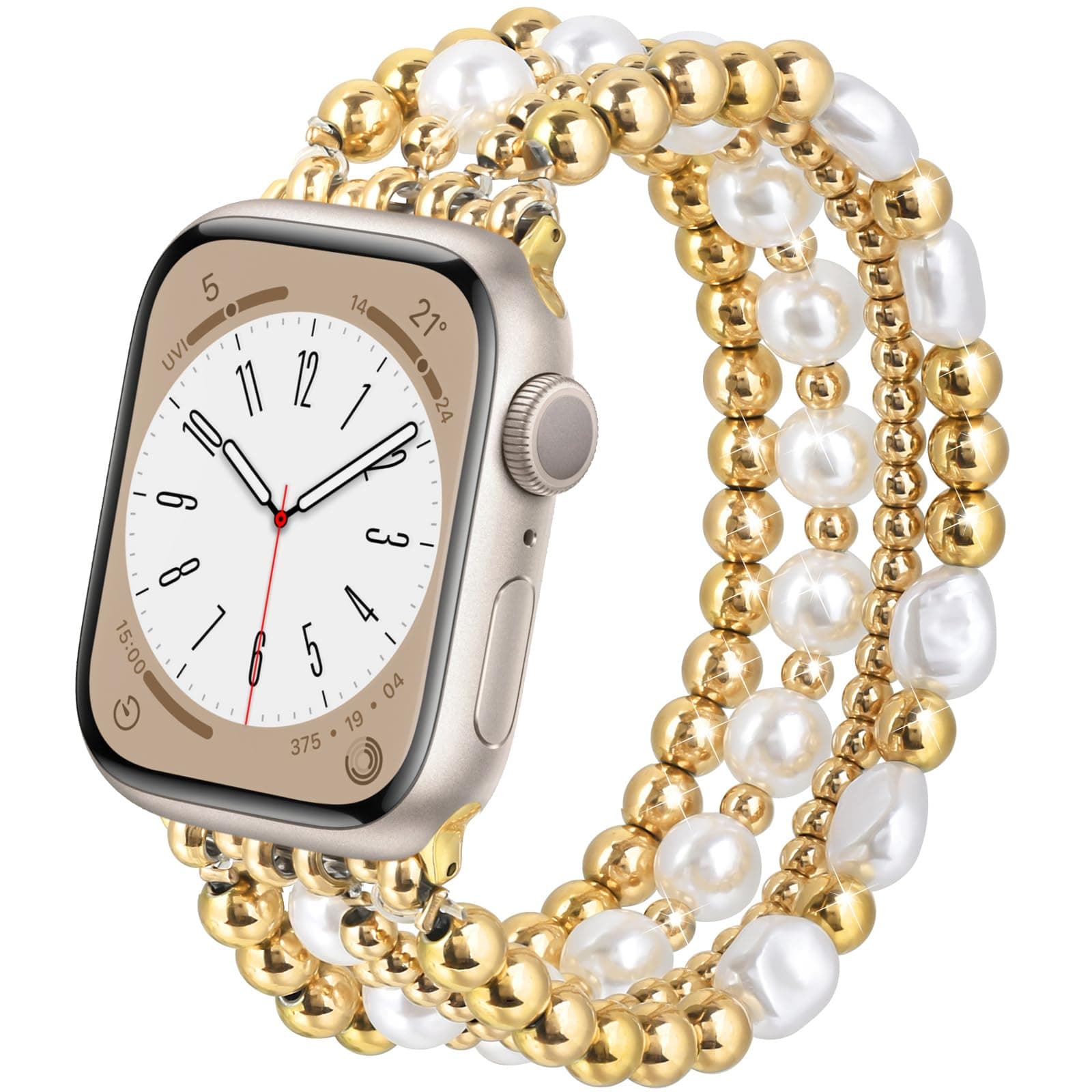 AIRSPO Gold Beaded Bracelets Compatible for Apple Watch Bands 38mm 40mm 41mm 42mm for Women, Fashion Handmade Dressy iPhone Watch Bands Stainless Steel Beads & Pearl Elastic Strap for iWatch Series 11 10 9 SE 8 7 6 5 4 3 2 1 Gold