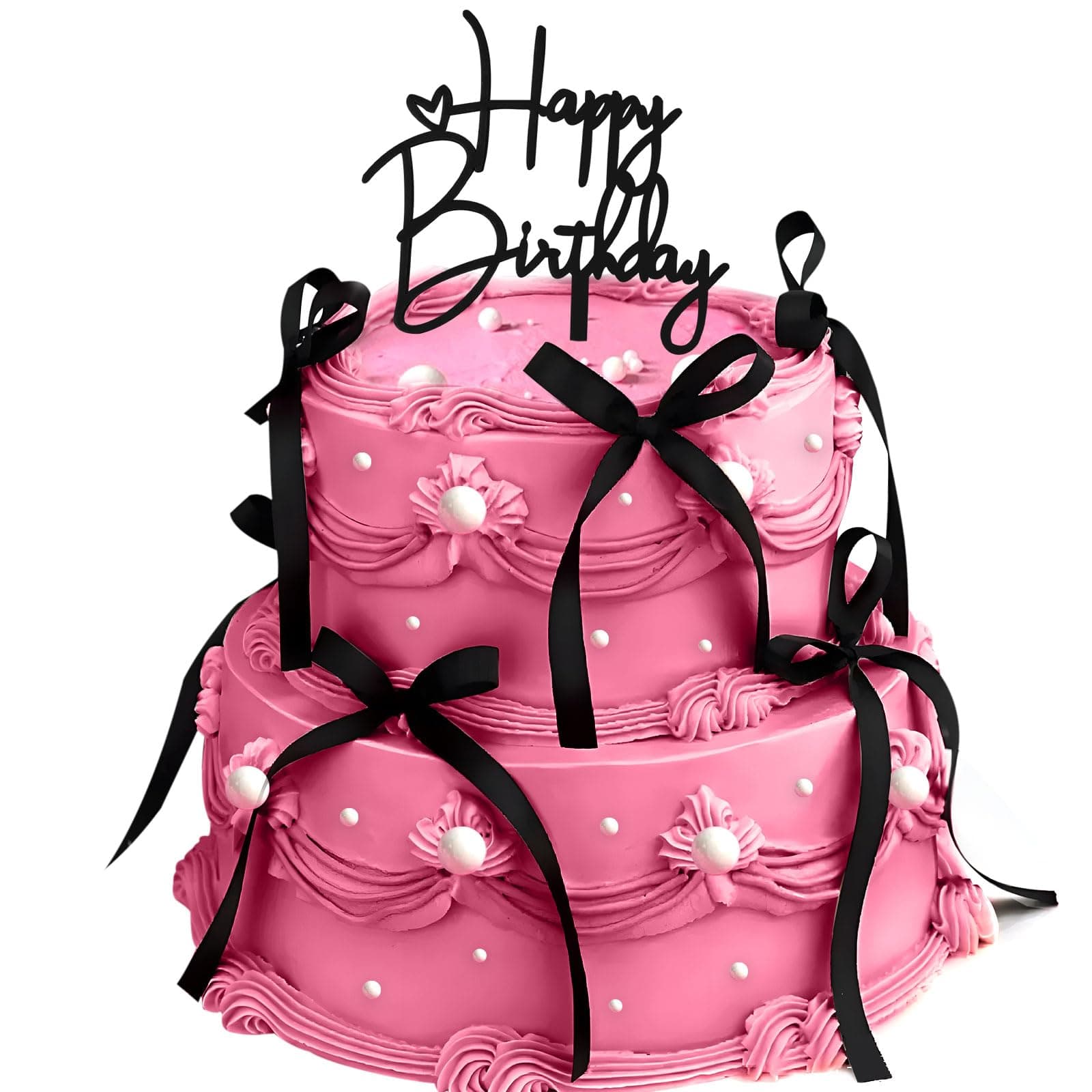 ABRRLO Happy Birthday Cake Toppers 10 PCS Black Bow Cake Toppers With Happy Birthday Sign Ribbion Cupcake Toppers for Celebrating Coquette Holiday Party Vintage Cake Decorating Supplies (Black)