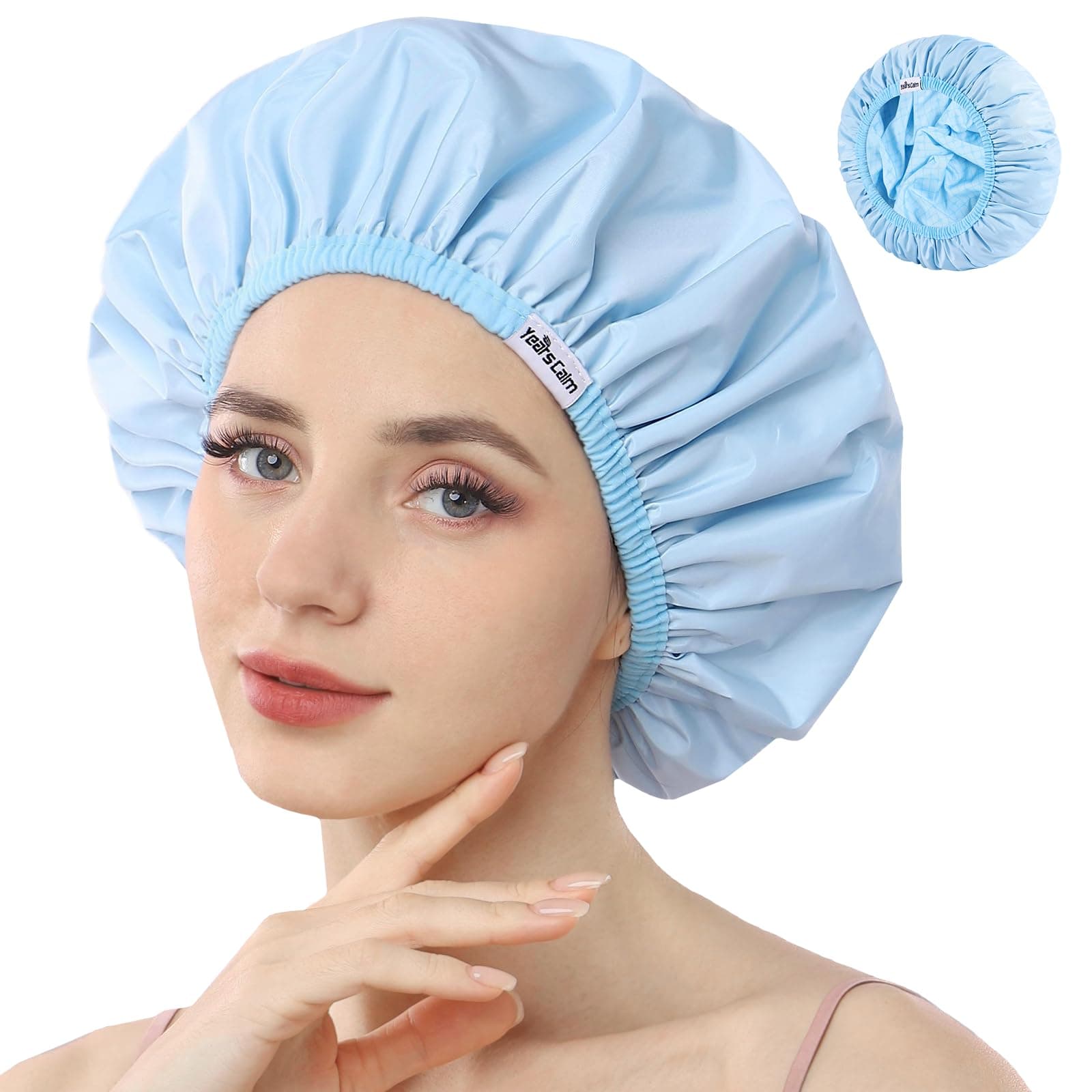 Years Calm Shower Caps For Women Reusable Waterproof,Pattern And Solid Color Dual-Layer Design For Dual-Layer Usable,Protects Hair In Shower, Spa, Cooking, Clean & Travel (Blue, One Size)