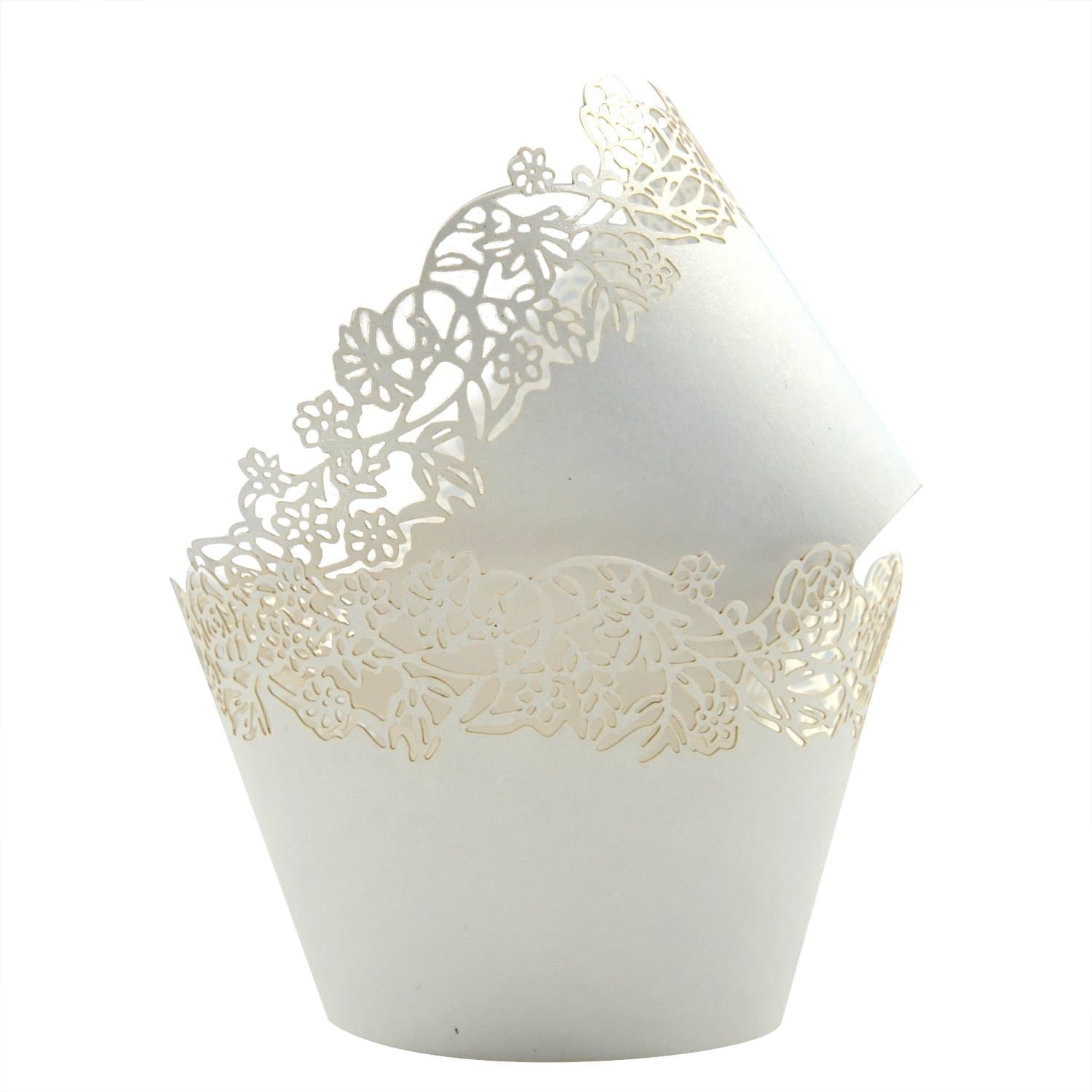 Cupcake Wrappers Pack of 50 White Filigree Artistic Bake Cake Paper Cups Little Vine Lace Laser Cut Liner Baking Cup Muffin Case Trays for Wedding Party Birthday Decoration -By KEIVA (White)