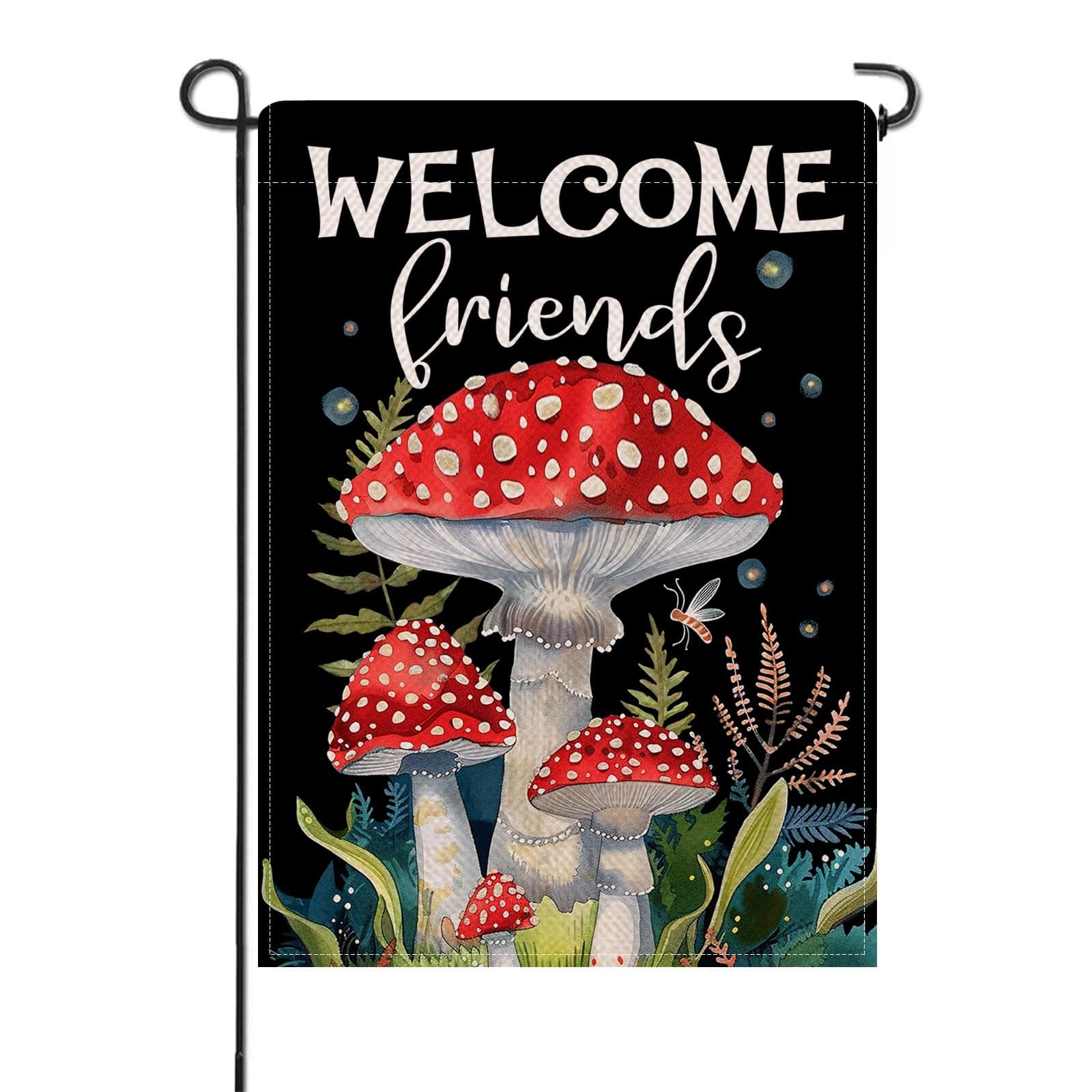 Artofy Welcome Friends Mushroom Small Decorative Garden Flag, Fall Fantasy Night Fairy Botanical Yard Lawn Outside Decor, Evergreen Magic Fern Plant Burlap Outdoor Home Decoration Double Sided 12 x 18