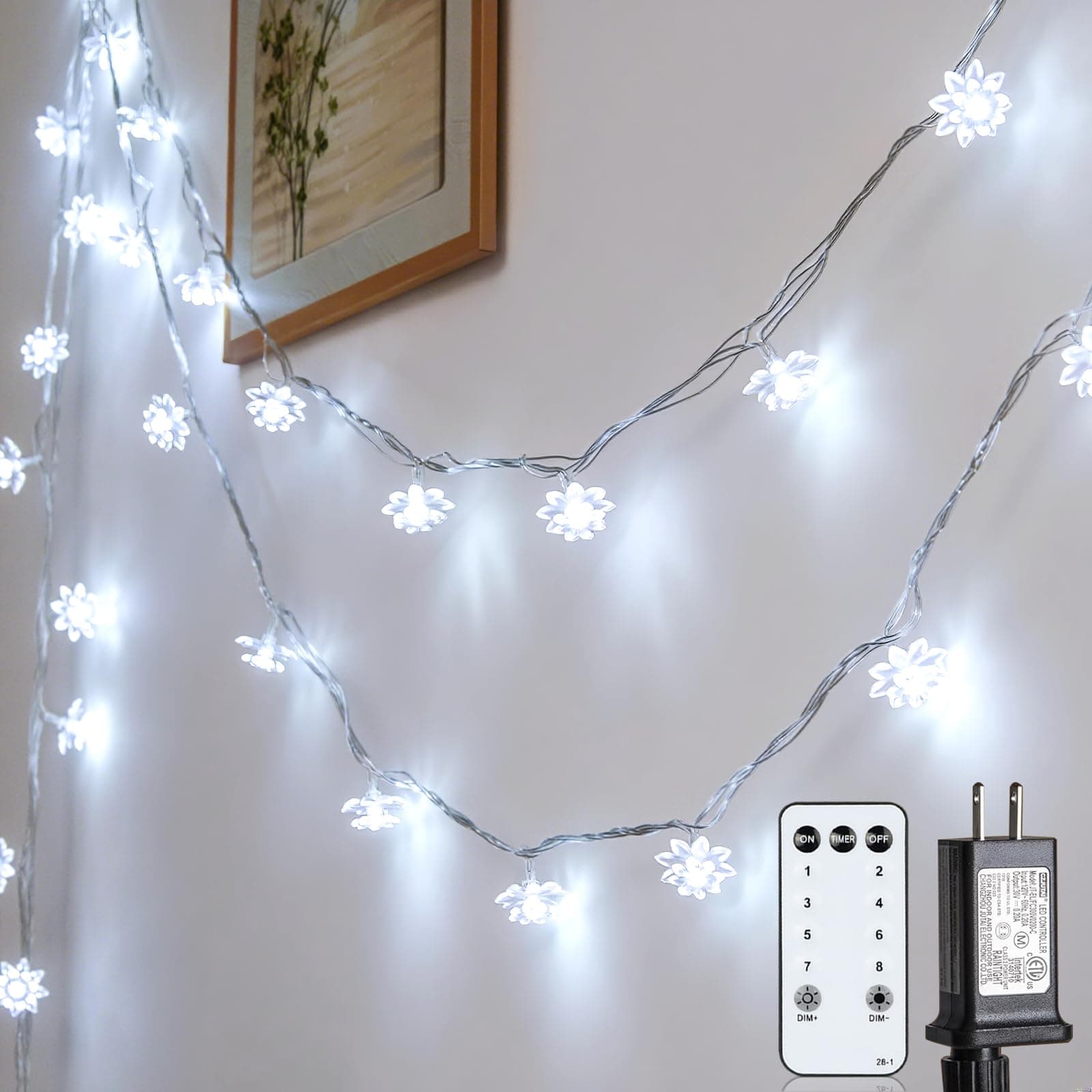 JOLYMOLY Flower String Lights 59 Ft 100 LED Christmas Lights Plug in with Remote Timer Connectable Twinkle Lights for Bedroom Dorm Wedding Christmas Tree Patio Porch Indoor Outdoor Decor, Cool White