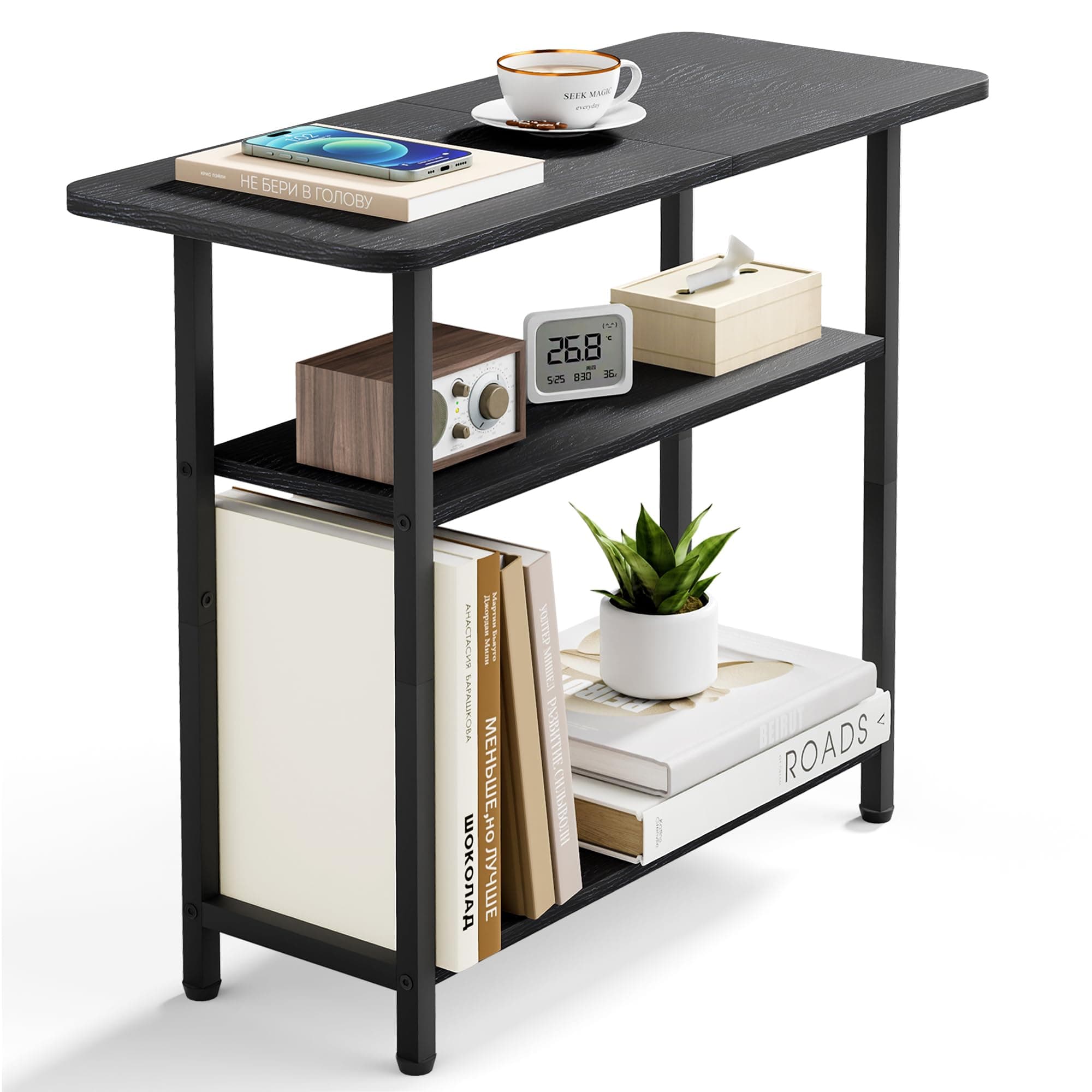 SLEEPING LAMB Side Table for Living Room, 3-Tier End Table for Small Space with Wide Storage Tabletop, Classic Black Narrow Nightstand for Bedroom, Sofa Couch