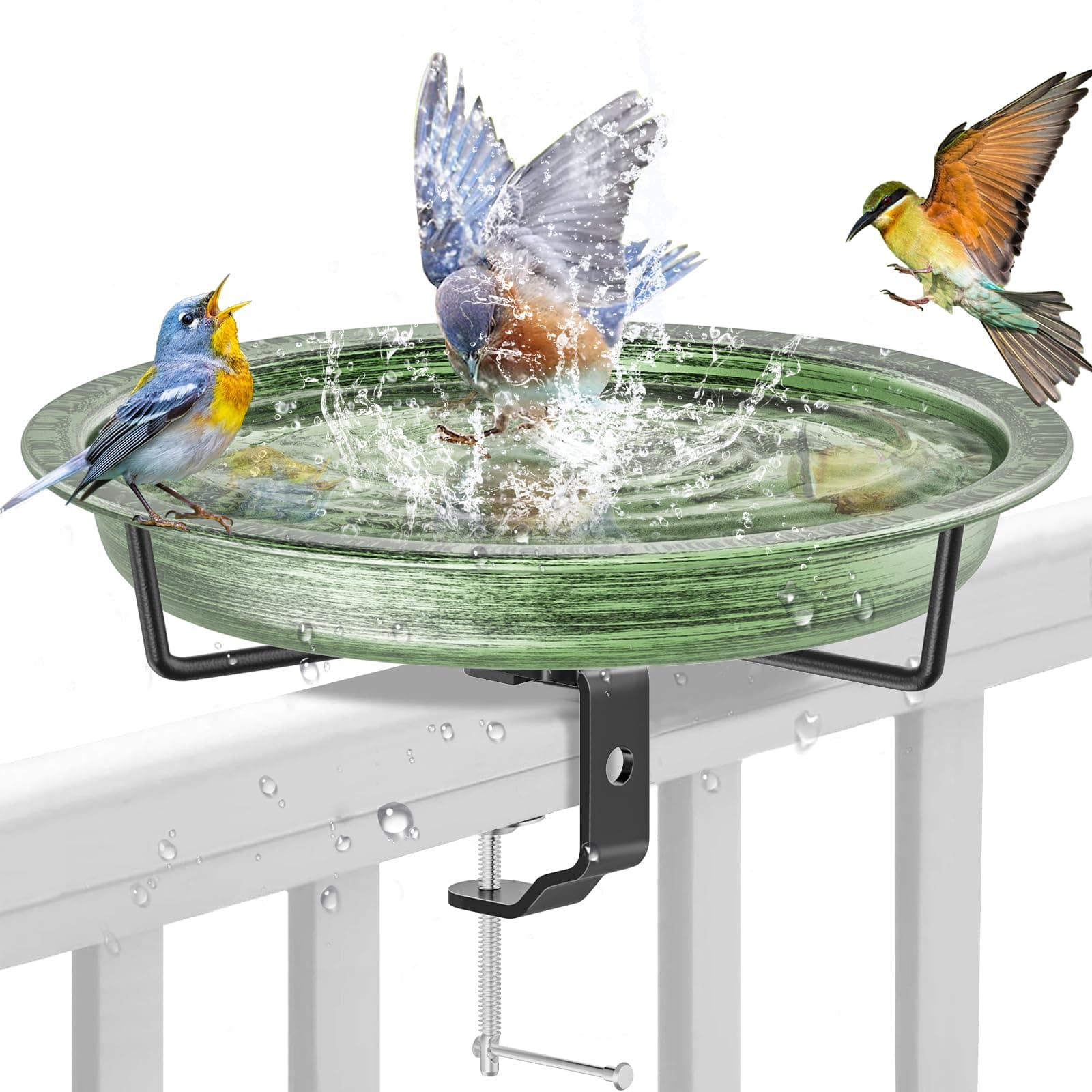 VeyFolzin.st Deck Mounted Bird Bath for Outside, Detachable Birdbath Bowl with Sturdy Clamp, Outdoor Bird Baths Bowl for Attracting Birds Garden Yard Decor (Retro Green)