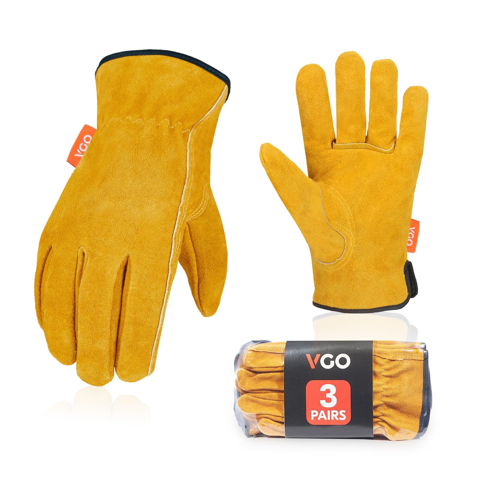 Vgo... 3-Pairs Unlined Cowhide Split Leather Work and Driver Gloves, for Heavy Duty, Truck Driving, Warehouse, Gardening, Farm (Size XL, Gold, CB9501)
