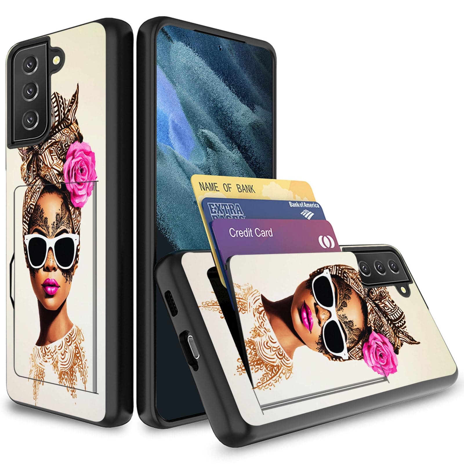 EFGWSDER for Galaxy S23 Plus Case with Card Holder,Shockproof Armor Silicone Hybrid Rugged Protective Wallet Cover Case for Samsung Galaxy S23 Plus,Woman with Floral