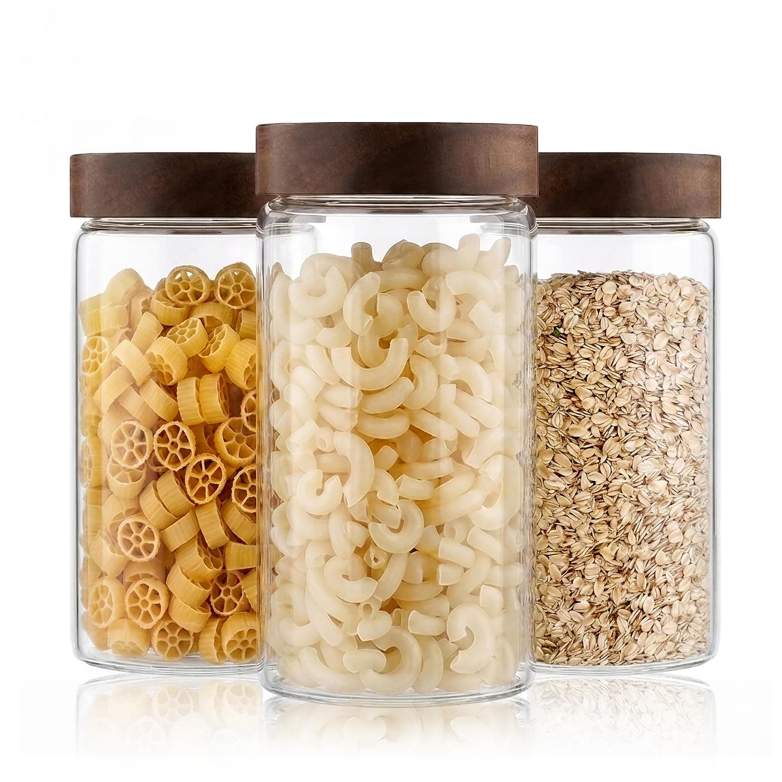 Large Glass Storage Jars with Lids, 44oz Set of 3 Clear Glass Canisters with Acacia Wood Screw Lids, Pantry Storage Containers for Pasta, Cereal, Snacks, Coffee and Kitchen Organization