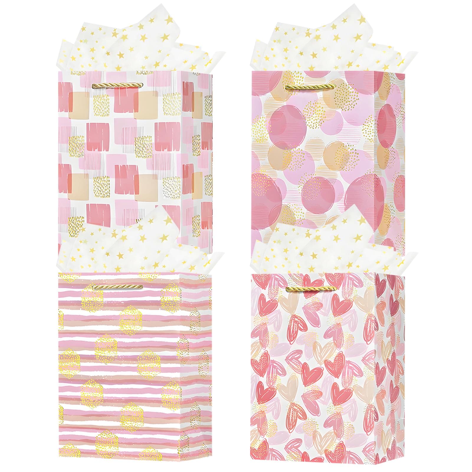 OFIHANLY 4Pcs 12.6" Medium Size Gift Bag with Handles for Women Mom Girls Kids Pink Heart Paper Gift Wrap Bags with Tissue Paper for Mother's Day,Birthday,Party,Wedding, Anniversary, Baby Showe