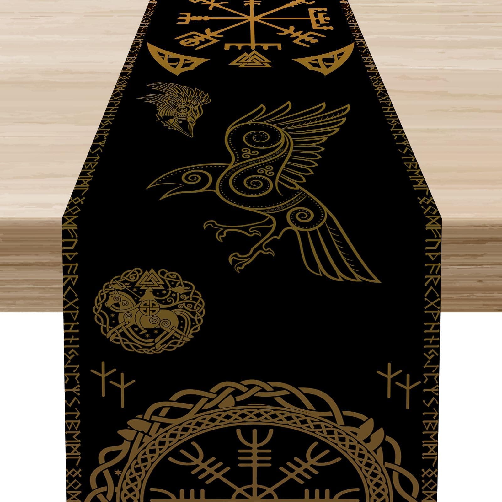 Black Viking Table Runner,Golden Tree of Life Gold Farmhouse Dinner Runner Cottage Table Center Decor for Kitchen Family Dinner Table Holiday Party,13 x 72 Inches