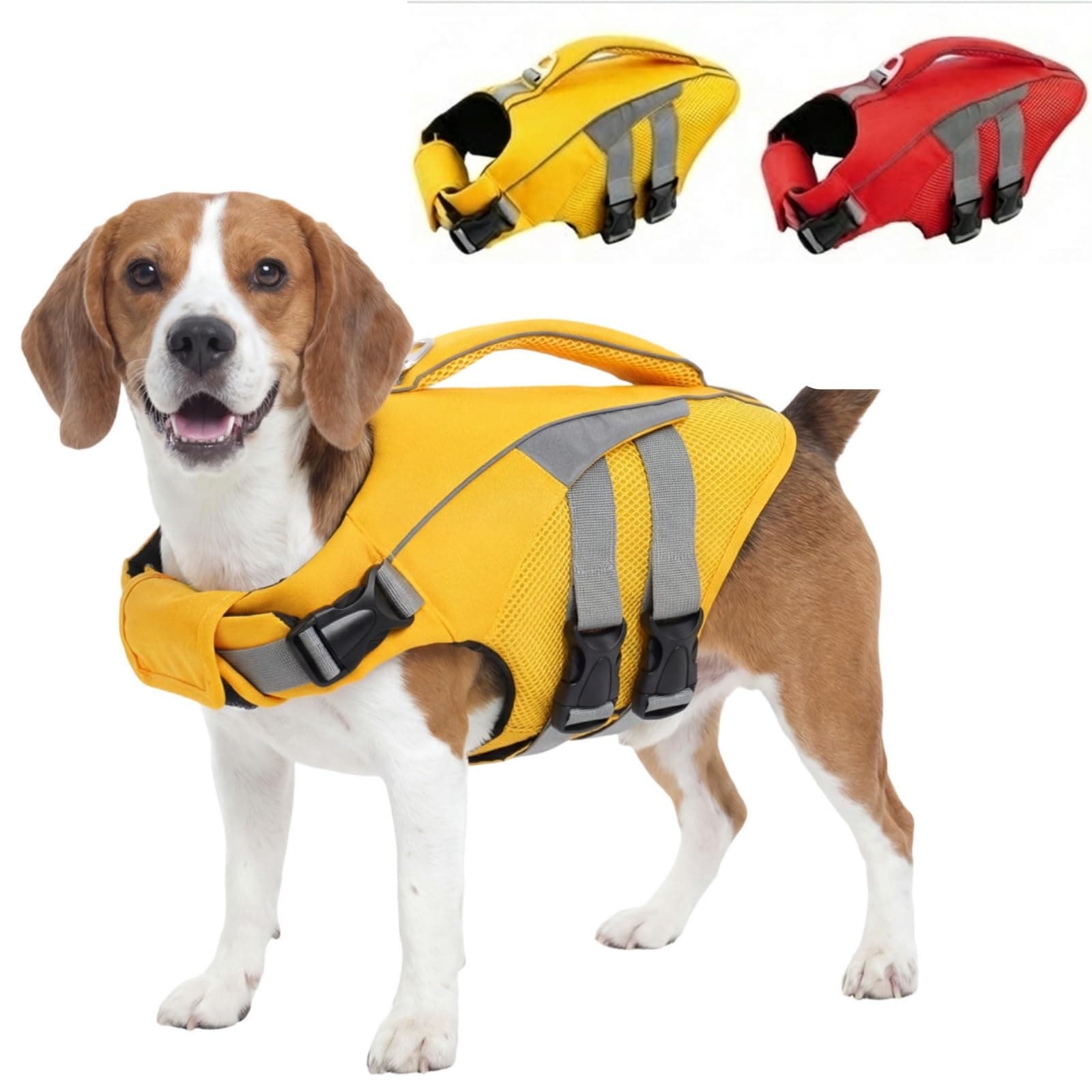 IECOii Dog Life Jacket High Buoyancy Reflective Pet Life Preserver for Boating Paddle Board and Beach Trips, Adjustable Safety Lifesavers Swim Vest with Rescue Handle, Leash Ring,Yellow, Size M