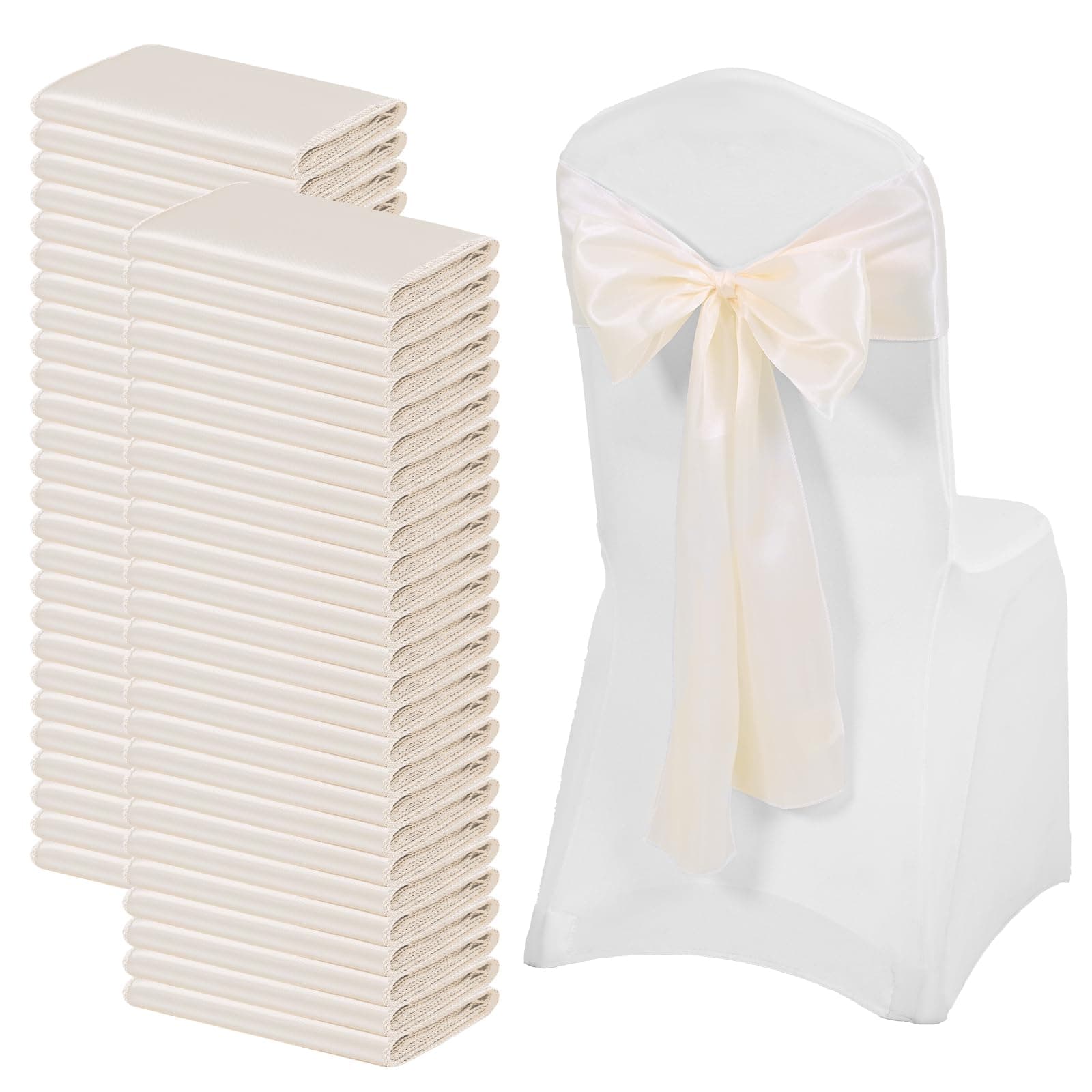 FXKS 100 Pack Ivory Satin Chair Sashes, 7 x 108 Inch, Wedding Bows