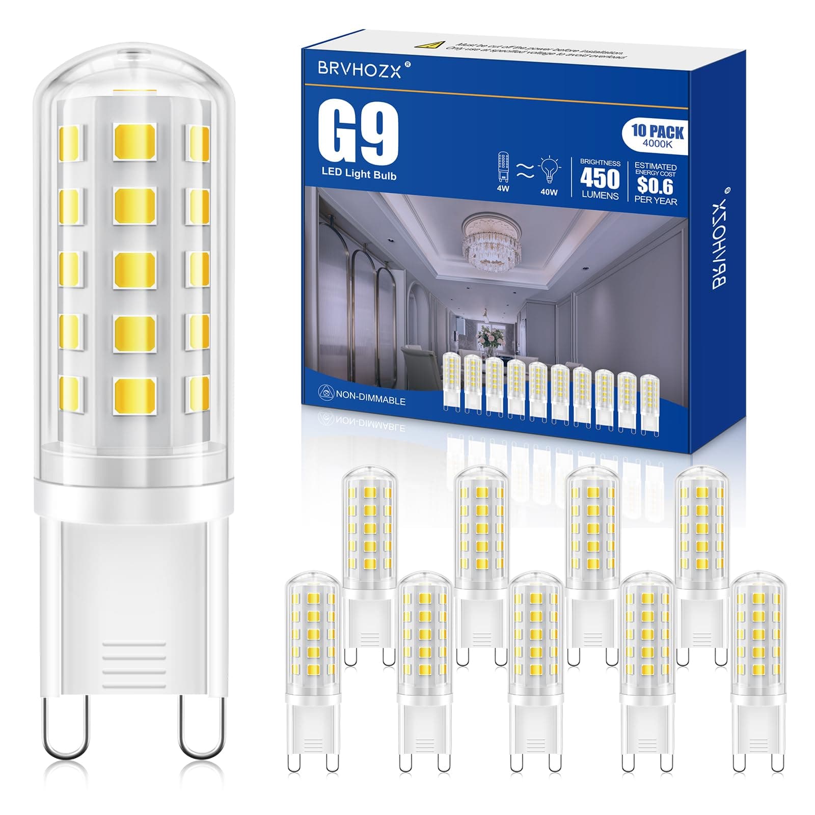 G9 LED Bulb 3W (30W-40W Halogen Equivalent) 4000K Neutral White 350LM, G9 Bi-Pin Base, No Flicker, Non-Dimmable, AC 120V, JCD Type T4 LED Light Bulbs for Office, Kitchen & Vanity, 10-Pack
