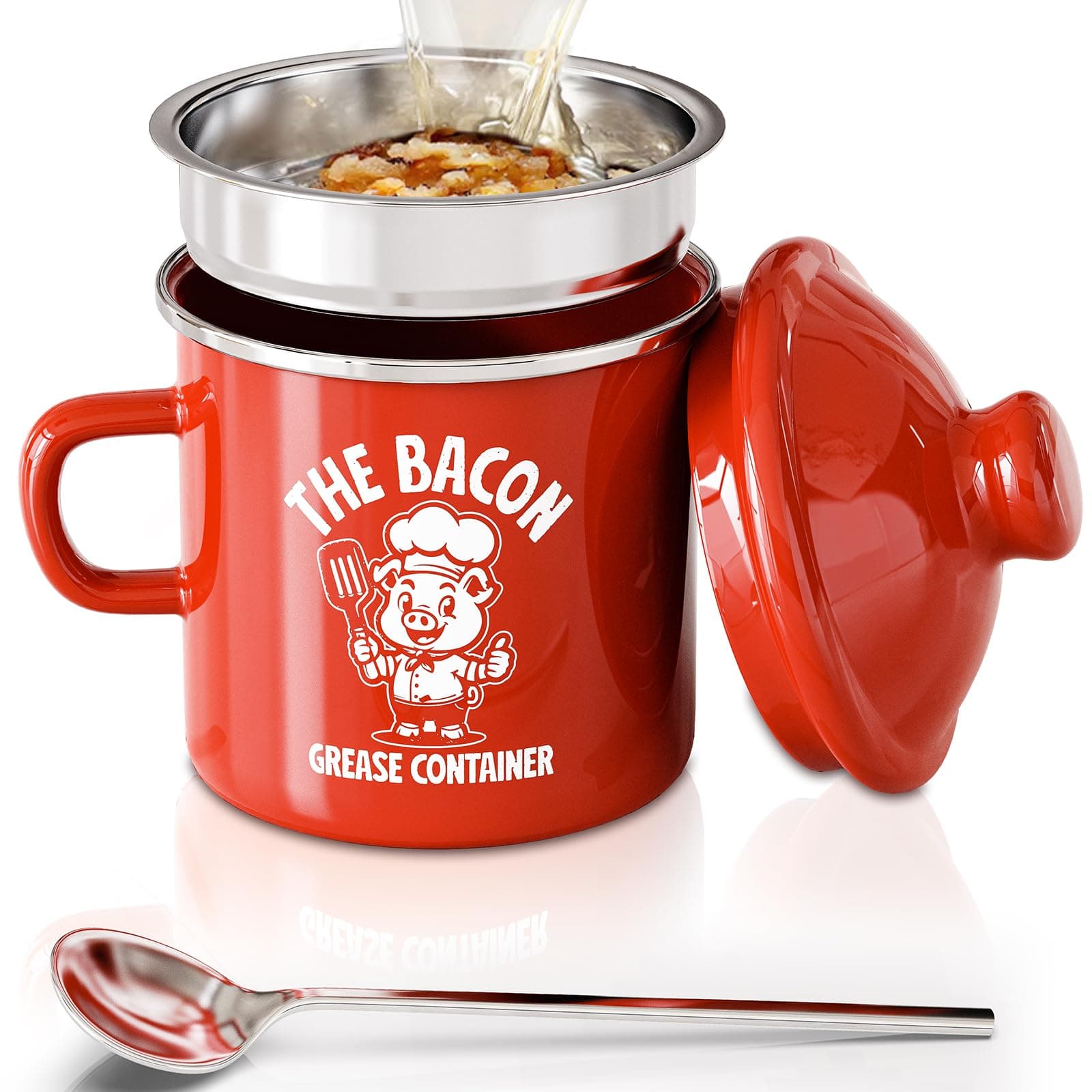 PGYARD Mini Bacon Grease Saver With Strainer, 15OZ Enamel Grease Container