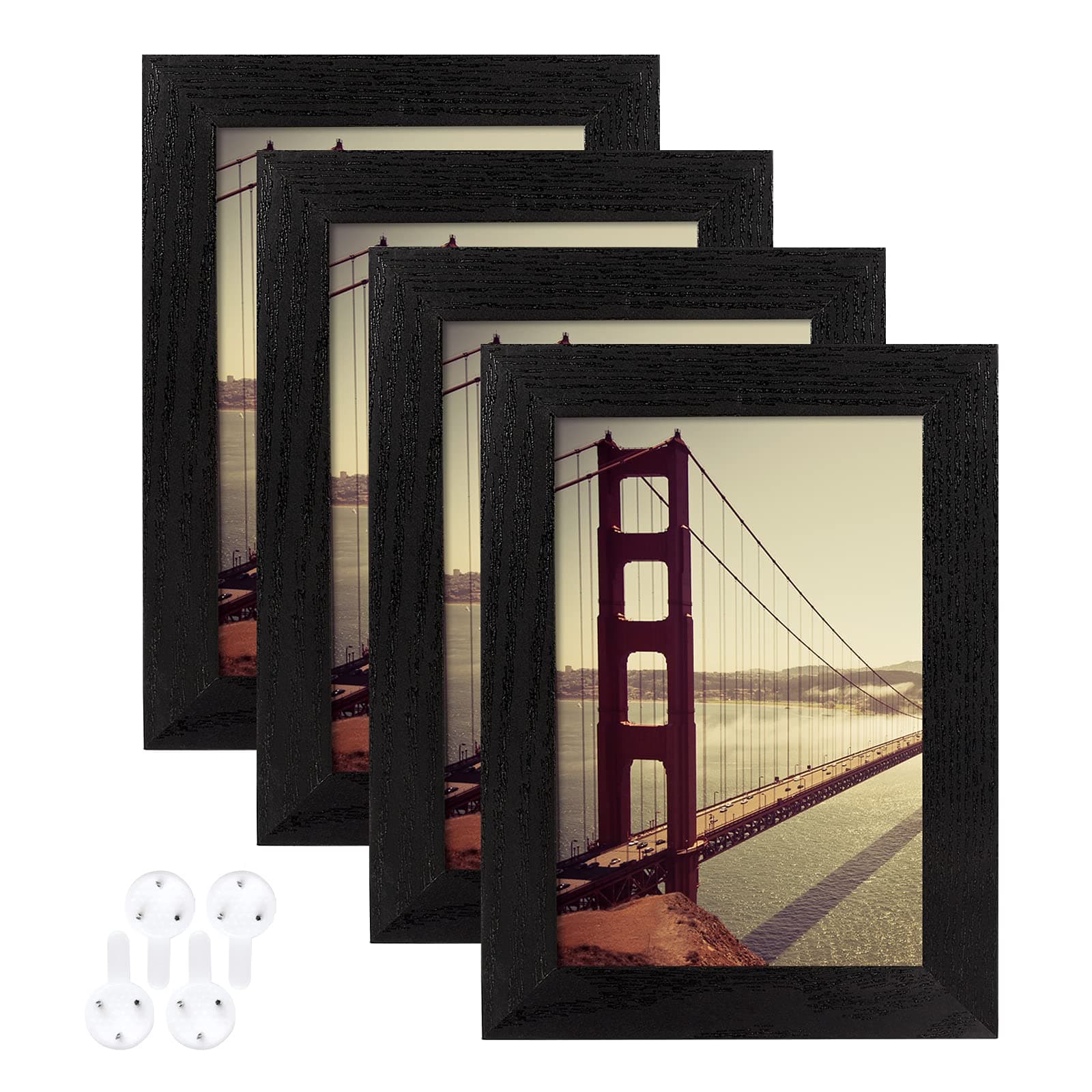 BAIJIALI 4x6 Picture Frame Black Wood Pattern Set of 4 with Tempered Glass,Display Pictures 3.5x5 with Mat or 4x6 Without Mat, Horizontal and Vertical Formats for Wall and Table Mounting