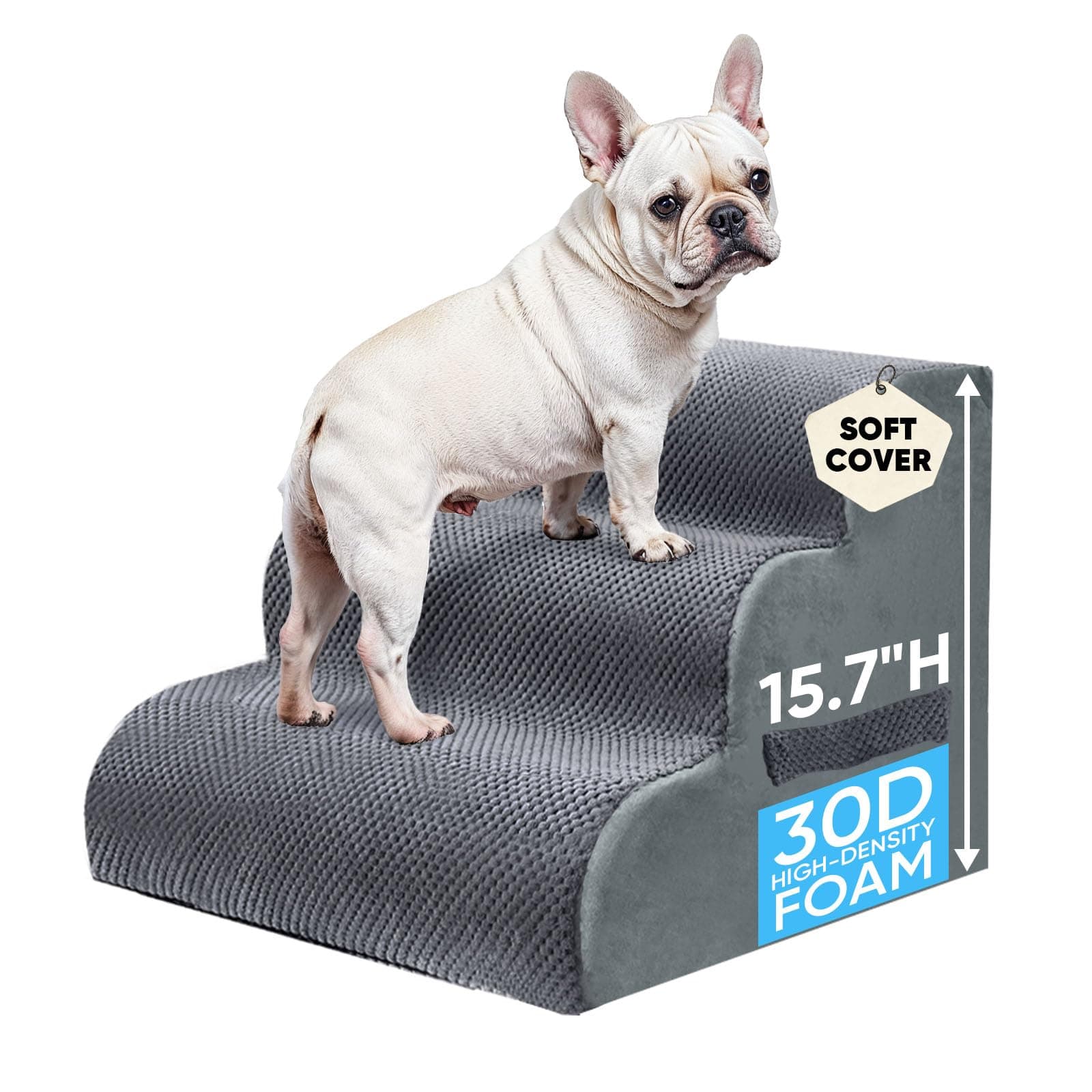 PAWSCRAT 3-Step Pet Stairs for High Beds & Sofas, 15.7''H Dog Stairs, Grey