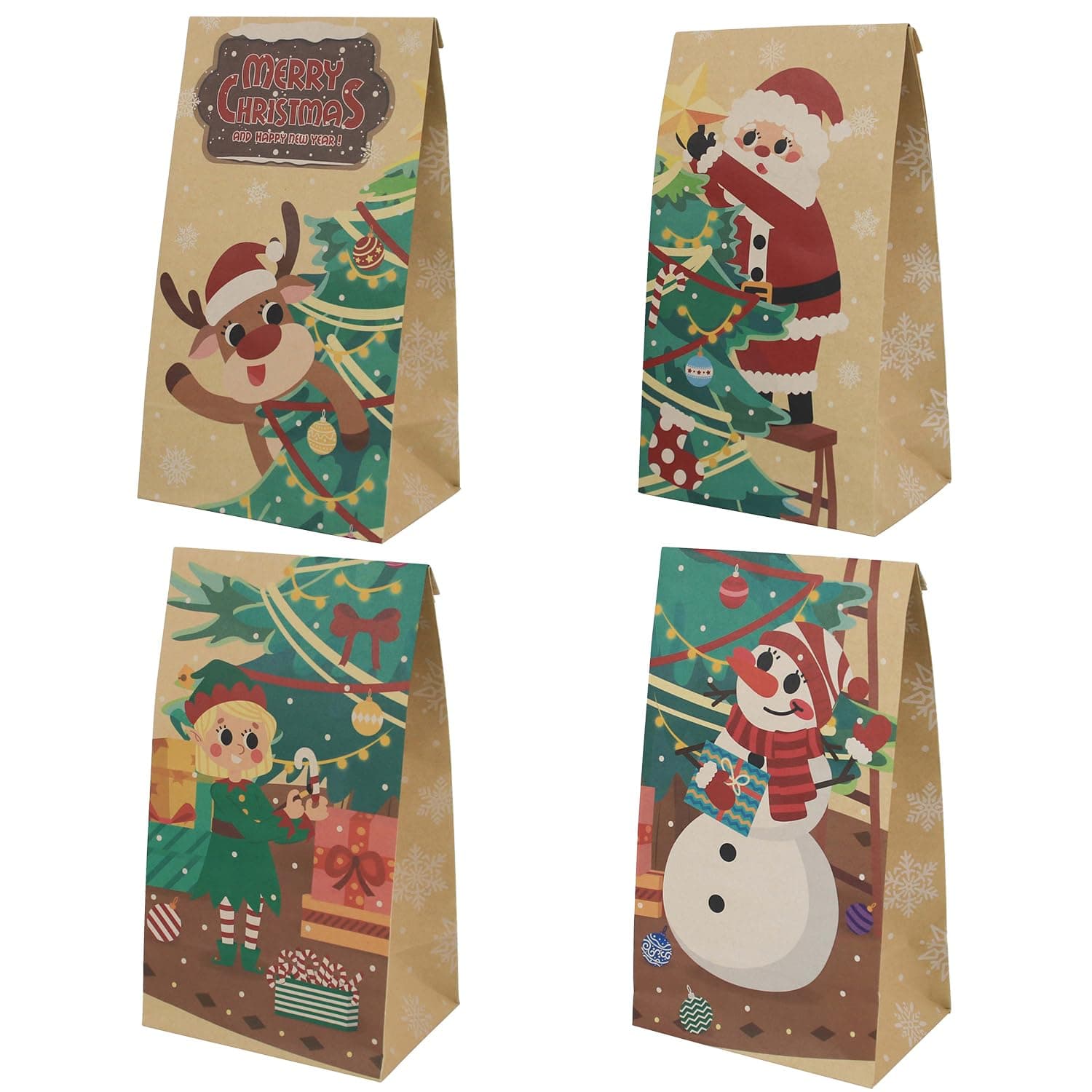 Haobell Christmas Treat Bags, 24 Pcs Christmas Paper Bags, 24 Pcs Christmas Stickers, Christmas Goodie Bag Party Supplies for Classrooms, Kraft Holiday Goody, Party Favors