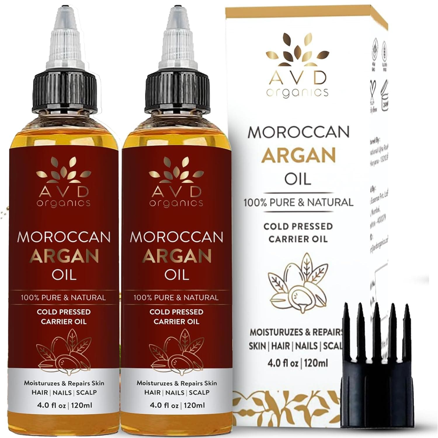 AVD Organics Moroccan Argan Hair Oil 120 ml (Pack of 2) - 100% Pure & Natural Argan Oil | for Dry, Frizzy & Curly Hair, Hydrating & Strengthening | Non-GMO Verified | All Hair Types (4 fl oz)