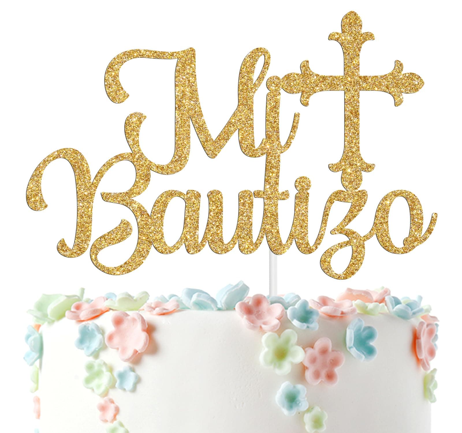Spanish Mi Bautizo Cake Topper for Baby Shower Party Decor, Mi Primera Comunion, Baby's 1st Birthday/Gender Reveal/Baby Baptism Party Decoration Supplies, Gold Glitter