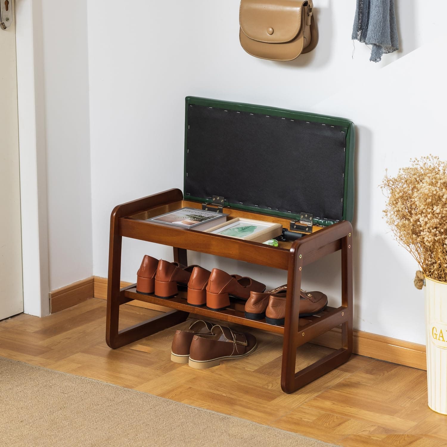 SOBIBO Solid Wood Shoe Rack Bench with Flip-Top Storage, Green, 21.65"