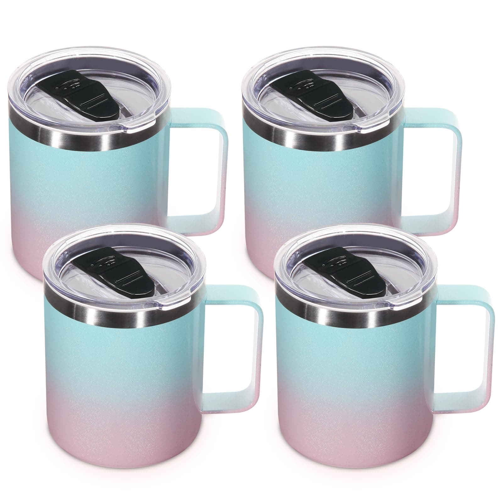 Volhoply 14oz Insulated Stainless Steel Coffee Mug with Lid Bulk 4 Pack,Double Wall Vacuum Travel Coffee Cup with Handle,Reusable Metal Cups Tumbler,Camping Mugs Keep Hot/Cold(Green Pink,4)