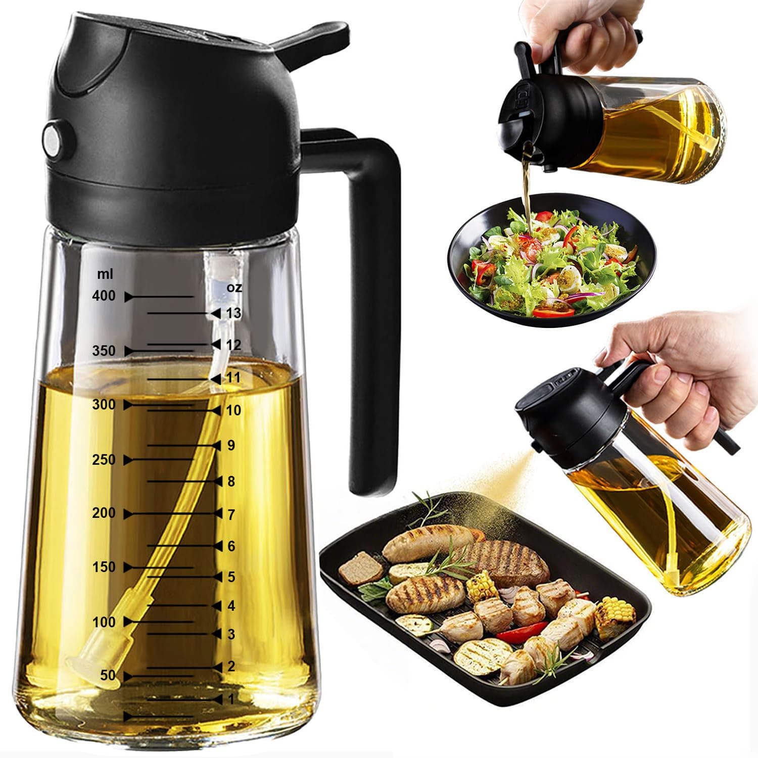 TrendPlain 470ml Olive Oil Spray Bottle for Kitchen Gadgets - 2 in 1 Olive Oil Dispenser Bottle and Air Fryer Accessories for Cooking, Salad and BBQ - Black