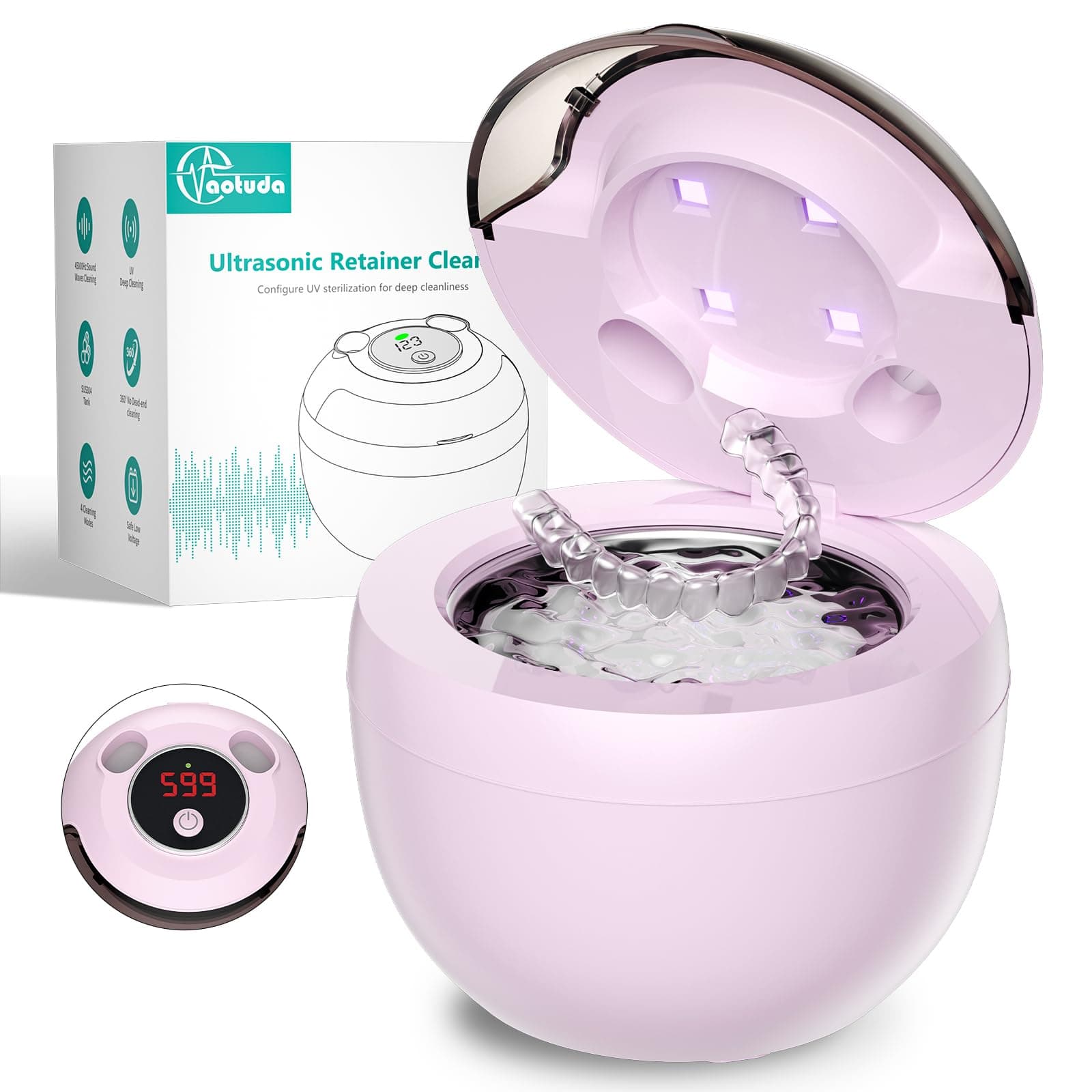 Aotuda Ultrasonic Retainer Cleaner Machine, 200ML Ultrasonic Dental Cleaning Pod with 4 Modes, Digital Timer, Mouth Guard Cleaner for Denture, Aligner, Braces, Toothbrush, Jewelry