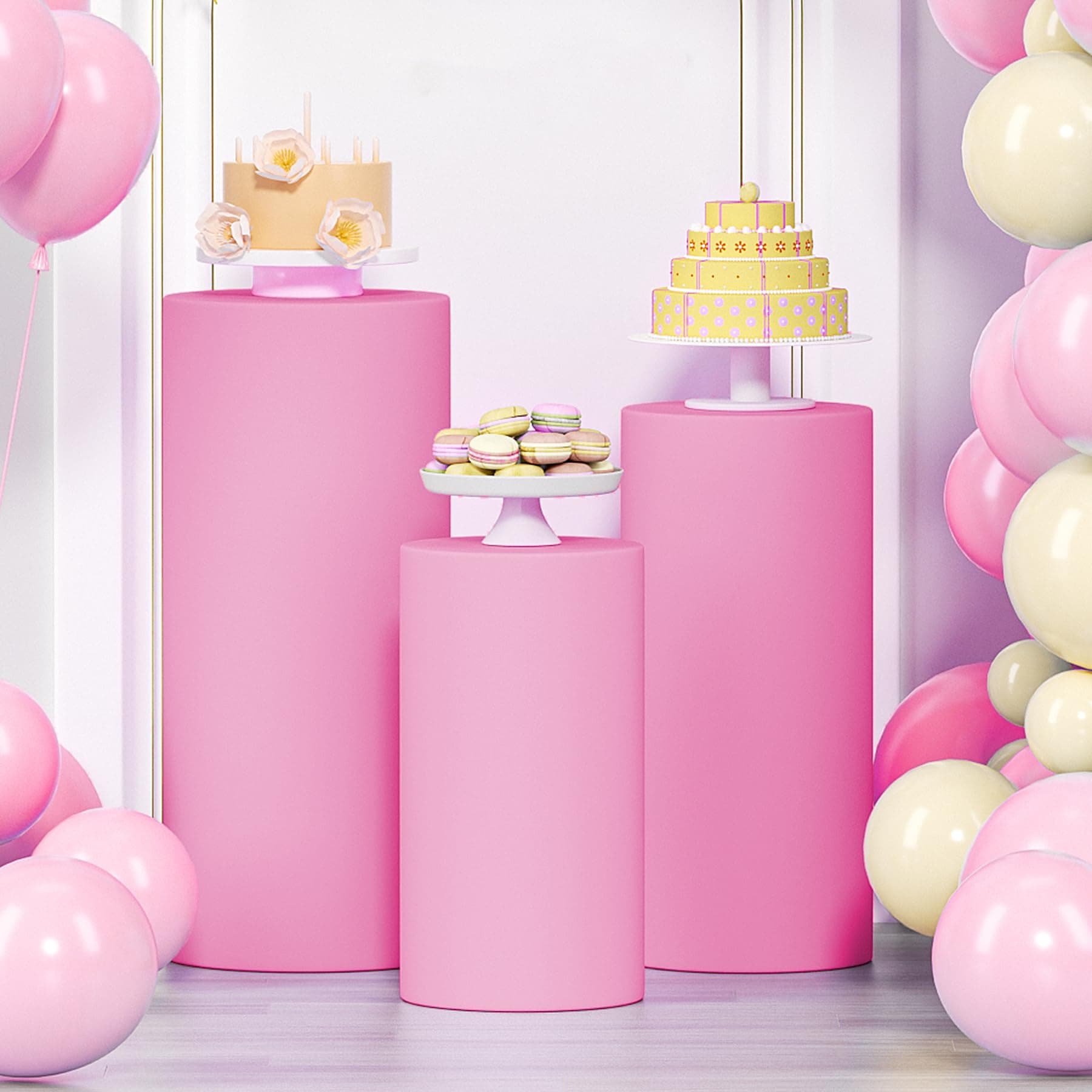 LEBENGURU 3Pcs Cylinder Pedestal Stand Covers, Pink Spandex Stretch Fit