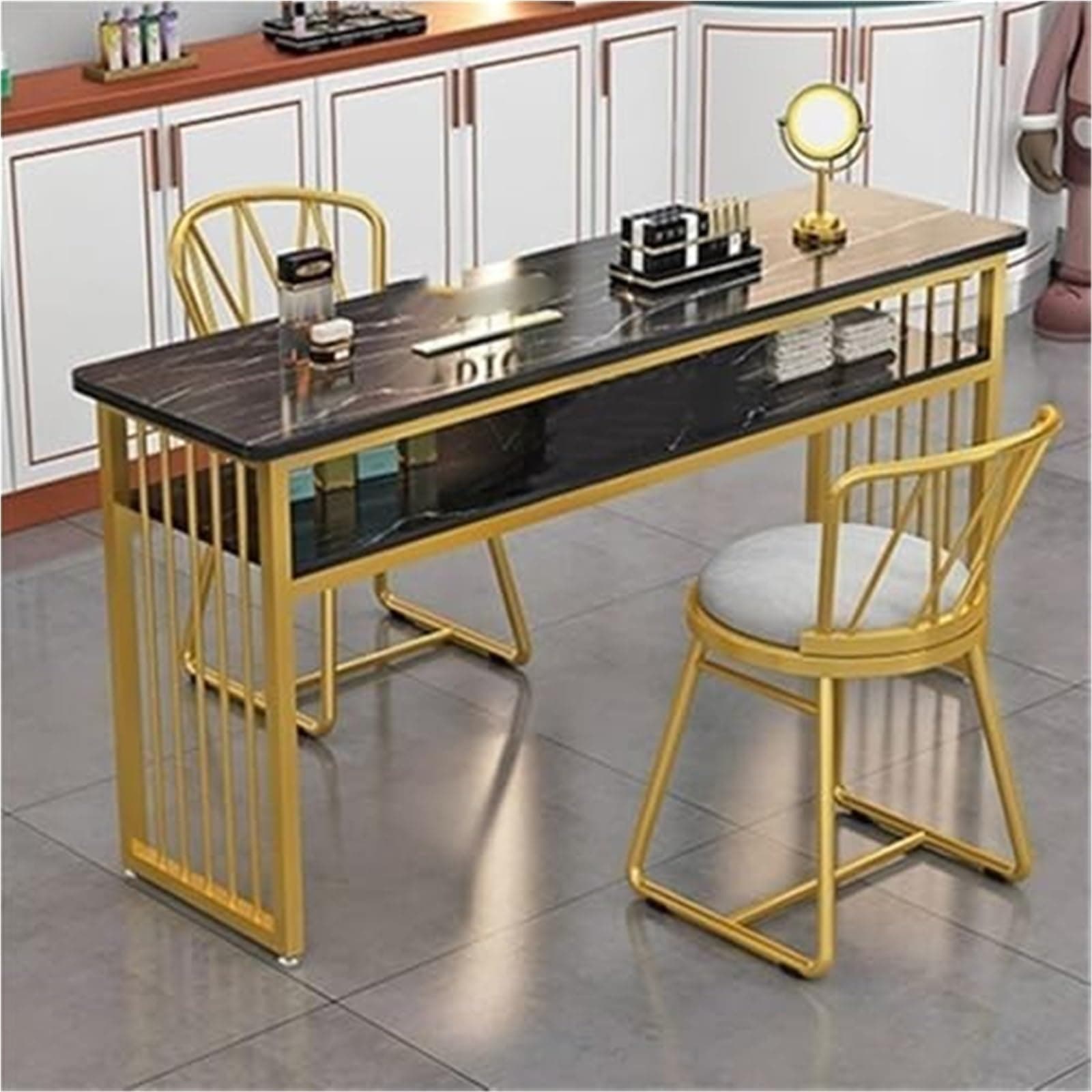 Modern Double-Layer Manicure Table with Storage, Nail Tech Desk with Metal Frame for Salon & Home, Marble Finish Nail Station(Black,120cm/47.2in)