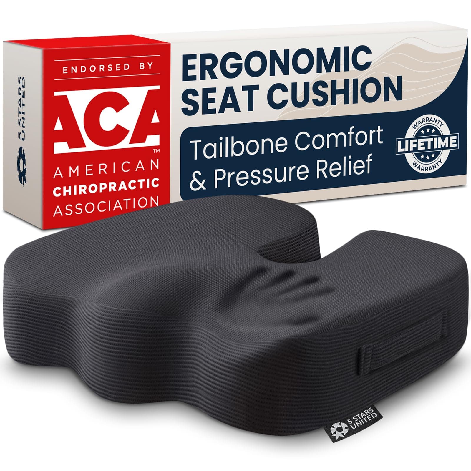 5 STARS UNITED Seat Cushion for Tailbone Pain Relief – Memory Foam Cushion for Coccyx, Hip, Sciatica & Post-Surgery Recovery – Wheelchair, Car, Desk, Gaming & Office Chairs, Black, X-Large