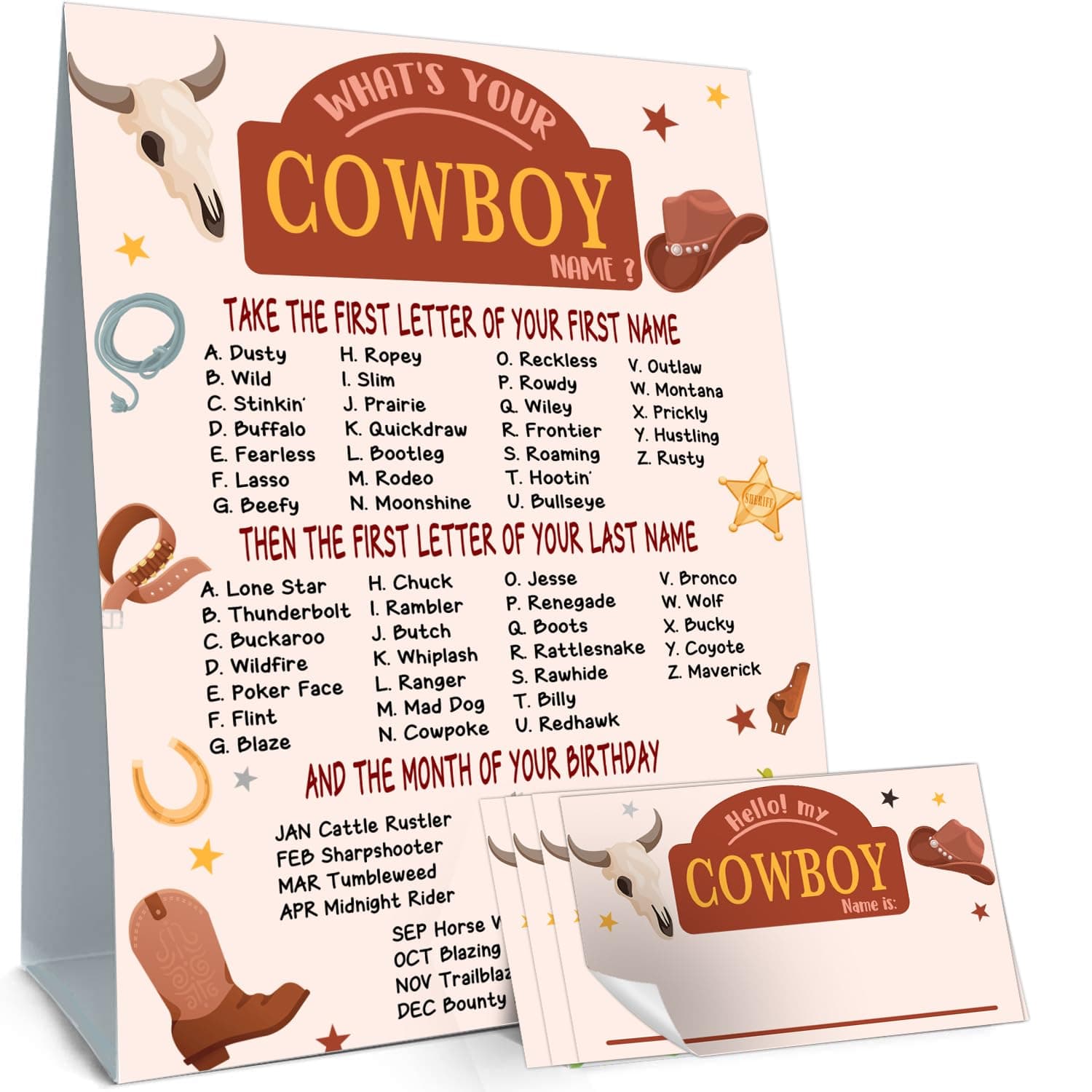 cidobi What is Your Cowboy Name Game, Cowboy Birthday Party Game, 1 Cowboy Name Game Double Sided Sign, 30 Name Stickers, Games for Boys Party Activity Decoration Supplies