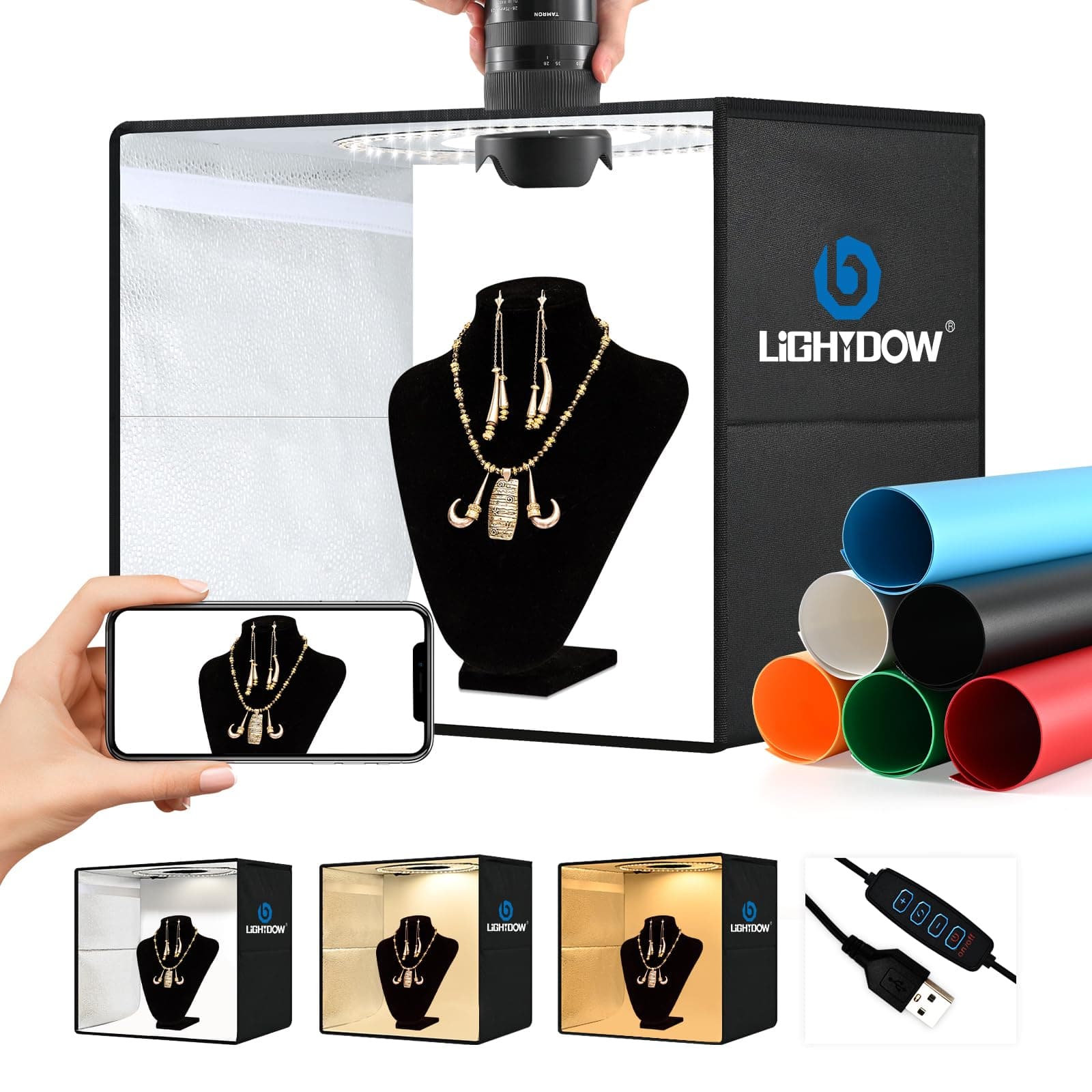 Lightdow 16"x12"x12" Photo Studio Light Box Photography with 120 LEDs (CRI>95), 6 Backdrops - Portable/Dimmable/Versatile Folding Shooting Tents for Toys/Jewelry/Watches/Cosmetics Photography