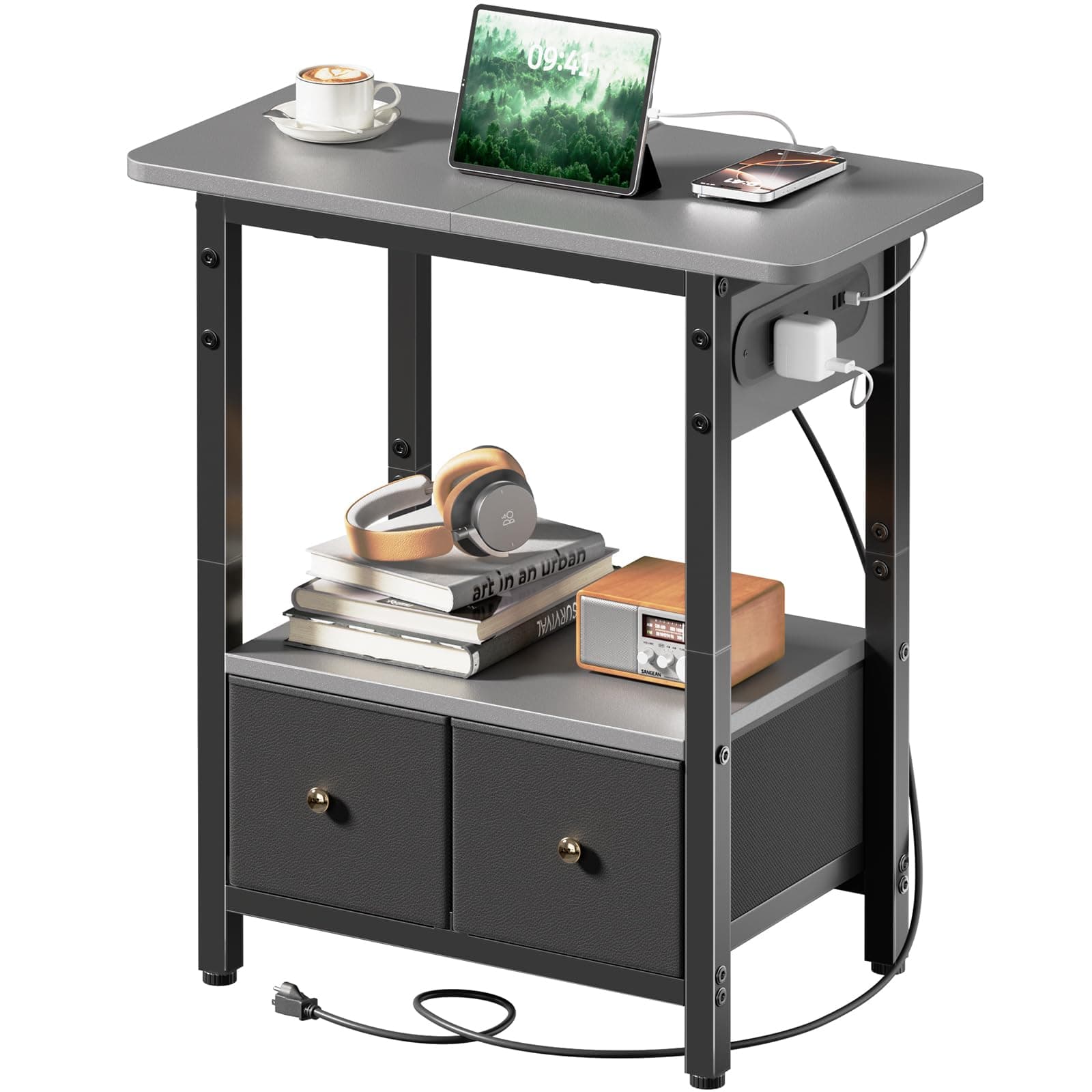 HLDIRECT Narrow Nightstand with Charging Station, 2 Fabric Drawers, Shelf