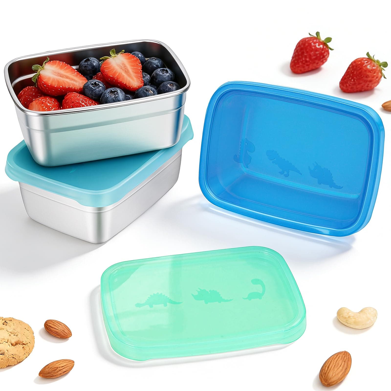 Tanjiae 3-Pack Stainless Steel Snack Containers - 550ml (18oz) Leakproof Colorful Lids with Cute Dinosaurs | LFGB Certified, Stackable Metal Lunch Box for Home, Picnic, Travel (Blue, Green, Cyan)
