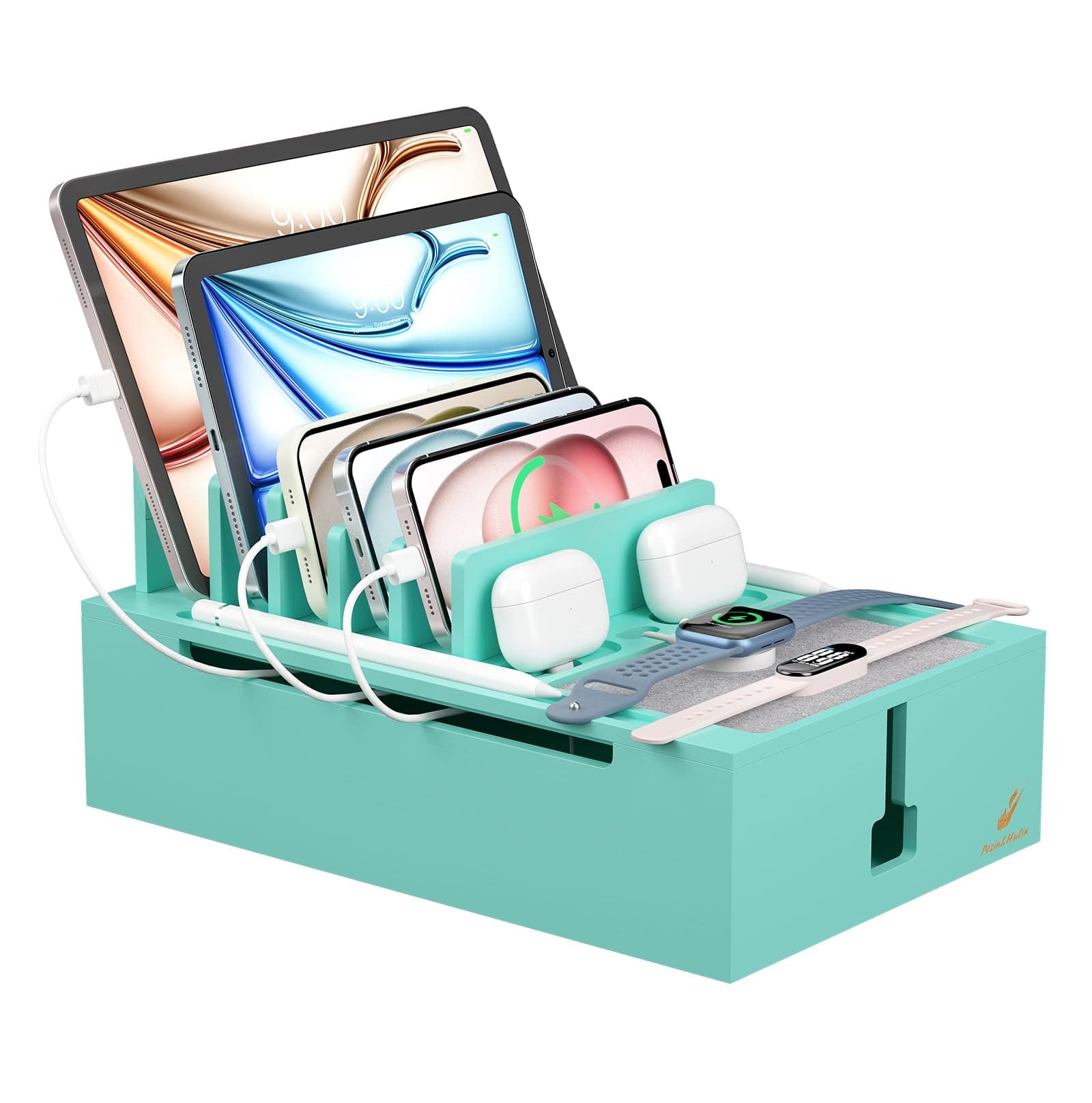 Pezin & Hulin Bamboo Cord Management Phone Charging Dock, Large, Teal