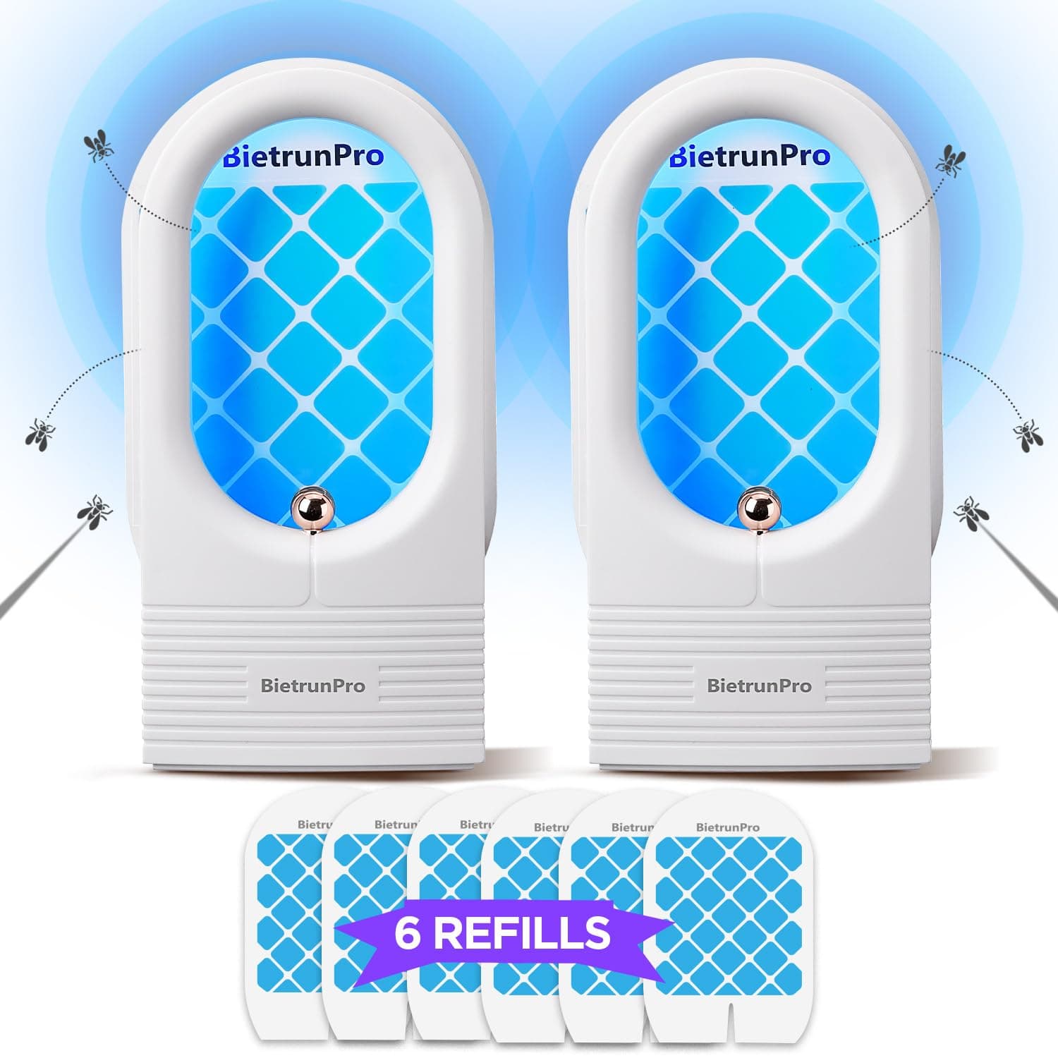 BietrunPro Fruit Fly Traps for Indoors, Plug in Flying Insert Trap, Double Side Glue Card, Insect Catcher for Gnat, Moth, Mosquito, Bug Light Insert Killer for Home Indoor (2 Device + 6 Glue Cards)
