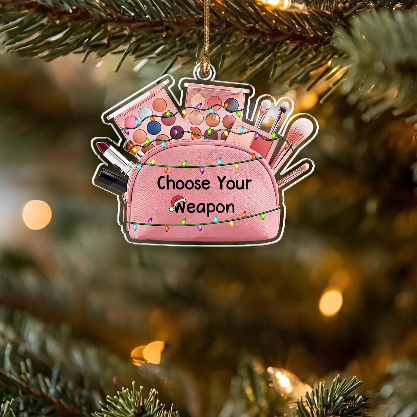 Pink Makeup Christmas Ornament 2025, Make Up Ornament for Girls Women, Beauty Makeup Artist Gifts Cosmetologists Make-Up Beautician Cosmetic Make Up Bag Set Holiday Xmas Tree Decor, Choose Your Weapon