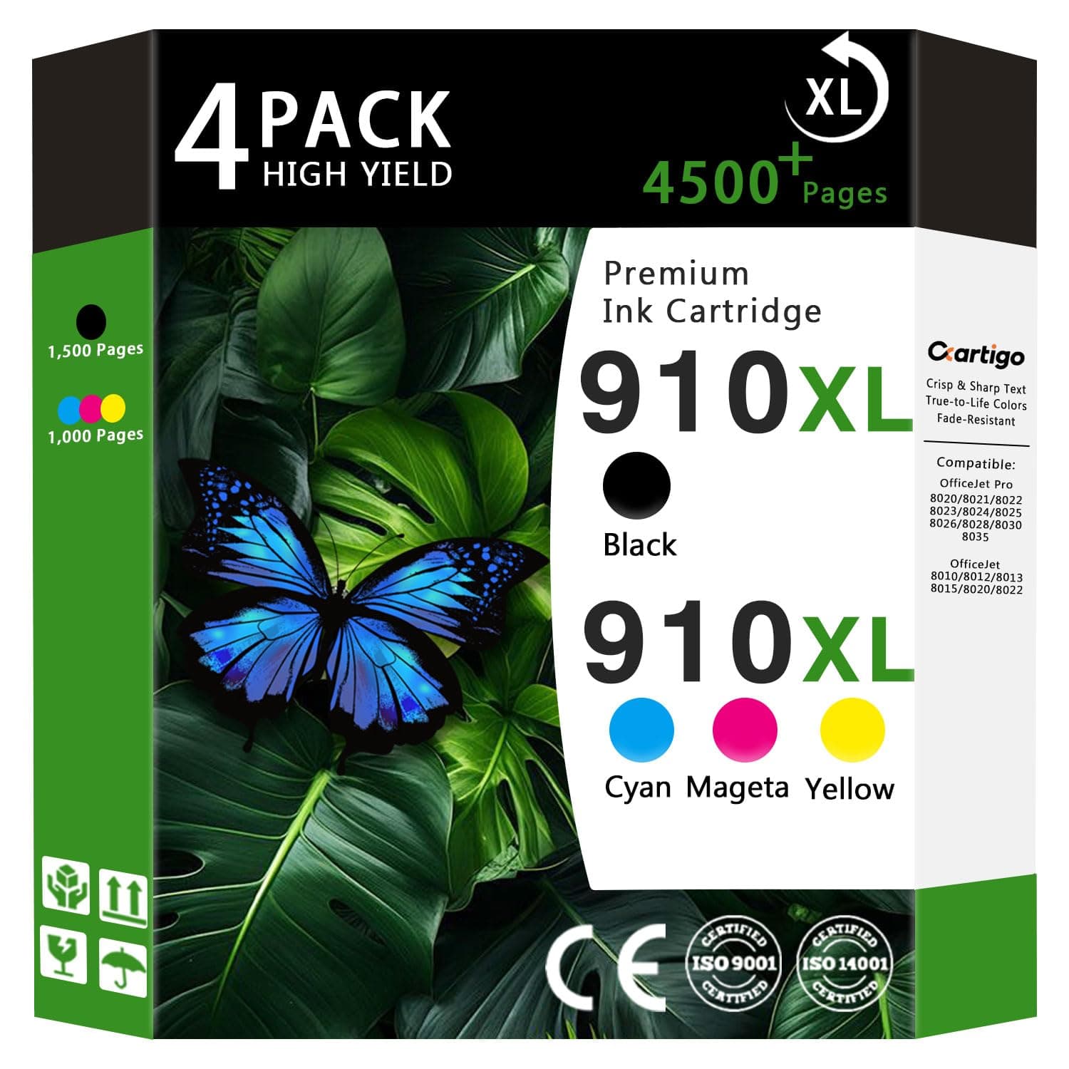 910XL High Yield Ink Cartridges Combo Pack (Black/Cyan/Magenta/Yellow 4-Pack) Compatible for HP 910XL HP910 HP910XL Replacement for Office Jet Pro 8020 8025 8028 8010 OfficeJet 8015 8022 Printers