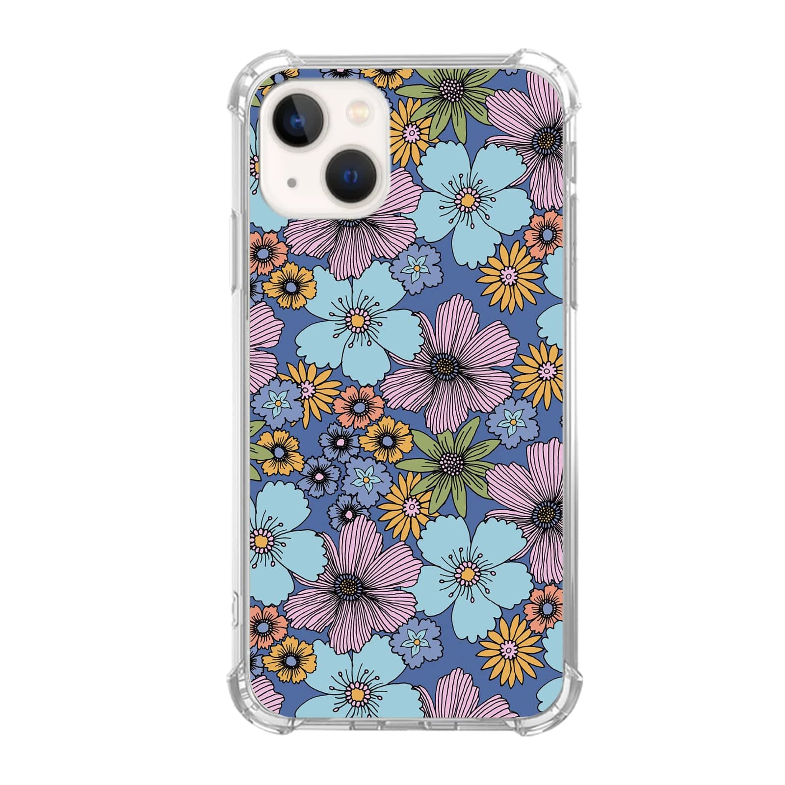 Mofreore Blue Retro 70s Flowers Case for iPhone 13, Cute Hippie Aesthetic Flower Case for iPhone 13 for Teens Men and Women, Cool TPU Bumper Phone Cover Case