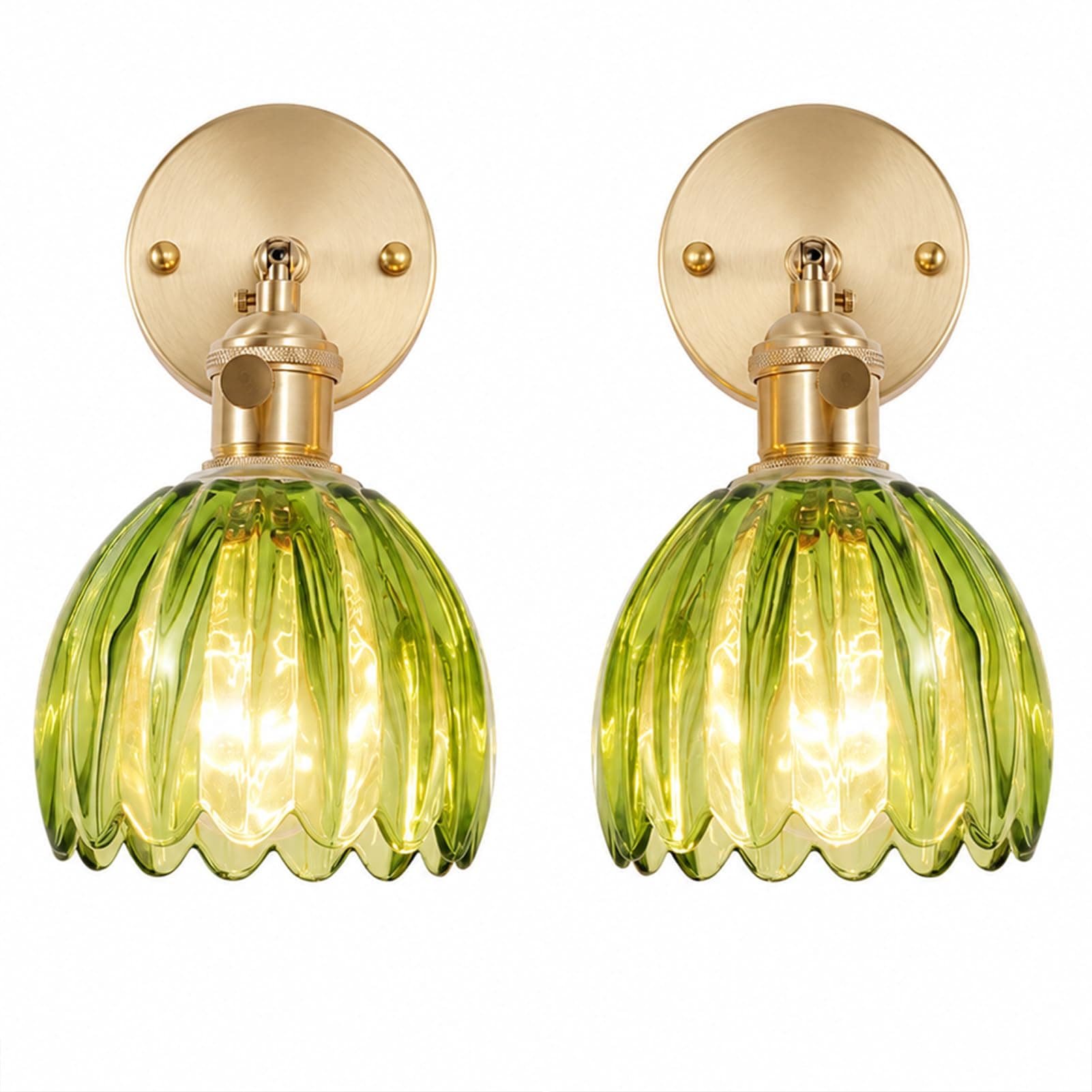 mfanchan Set of 2 Vintage Wall Sconces with Cute Green Tulip Glass Lampshade, 180 Degree Adjustable Brass Sconce Hradwired Modern Wall Lighting Fixture with Switch for Bedside Bedroom Doorway