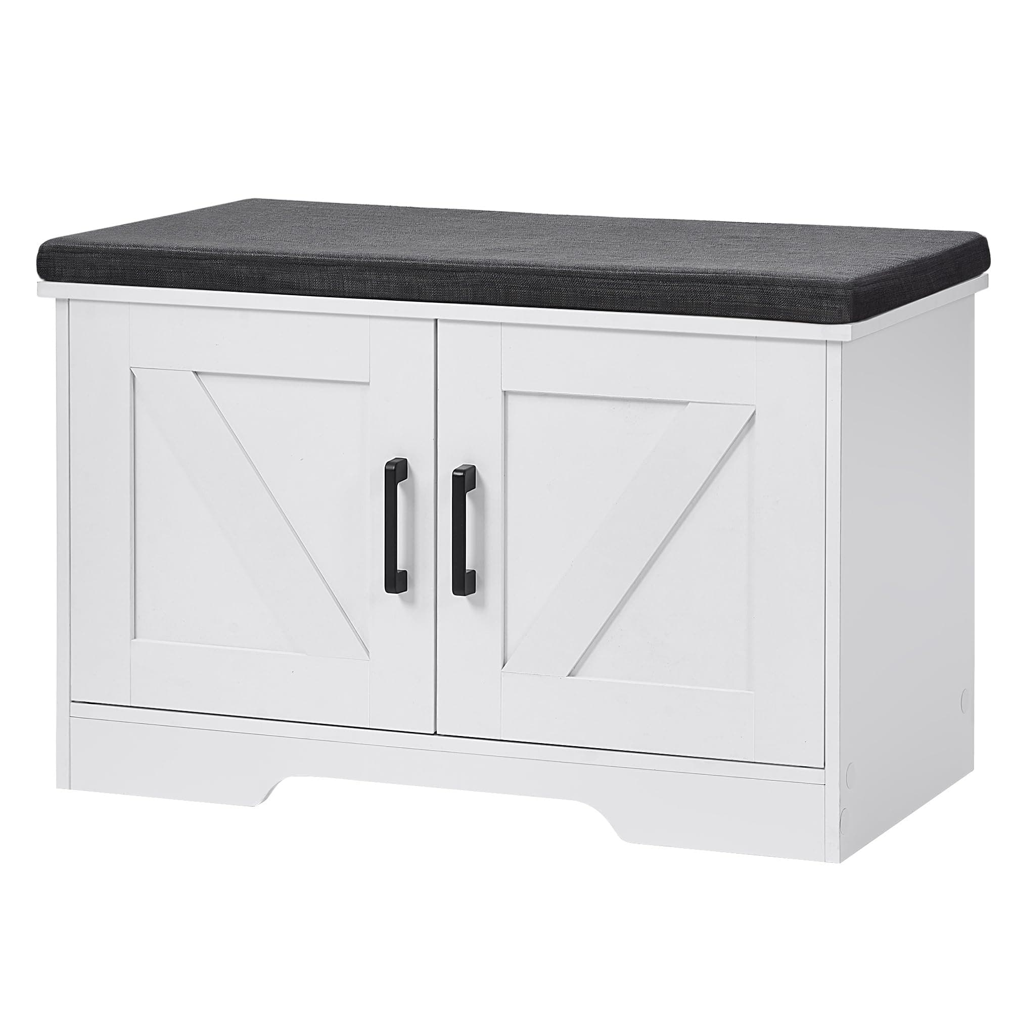 HOMSHO 2-Tier Storage Bench, Shoe Bench with Padded Seat Cushion, Entryway Bench with 2 Barn Doors, Adjustable Shelf, 35 x 70 x 45 cm, for Entryway, Living Room, Bedroom, White