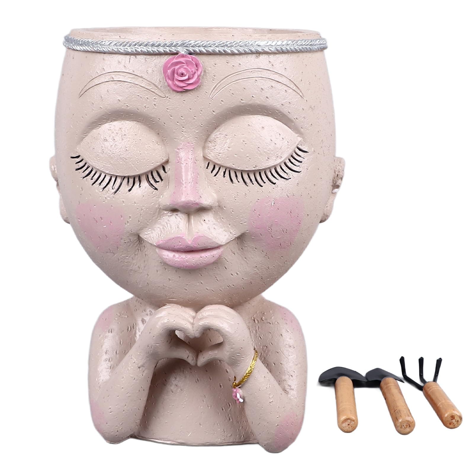 Face Planter Pot Resin Love Style Lady Head, Women's Succulent Planter, White Flower Pot with Drainage Hole and Spades, Lucky Girl Design for Indoor Outdoor Home Garden Decor
